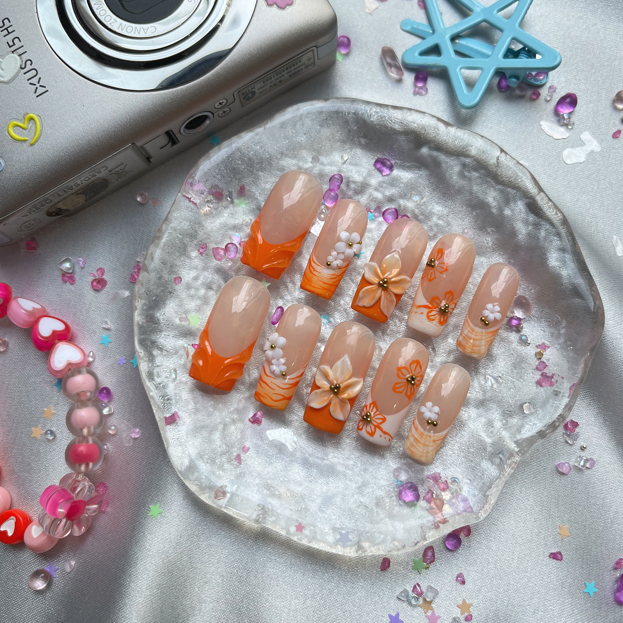 Custom Press-On Nails – Orange French with 3D Floral & Hand-Painted Flowers | Tropical Summer Square Set | Wynzy Pops Nails