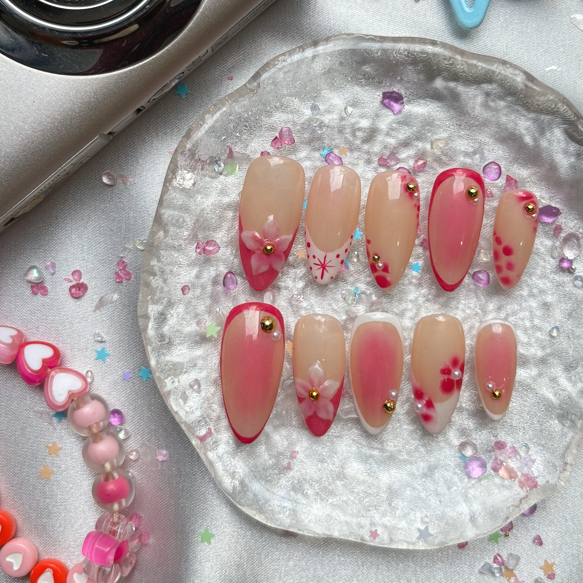 Personalized Pink French Almond Press On Nails | 3D Floral & Dot Accents | Barbiecore Summer Nail Trend 2025 | Cute Girly Manicure