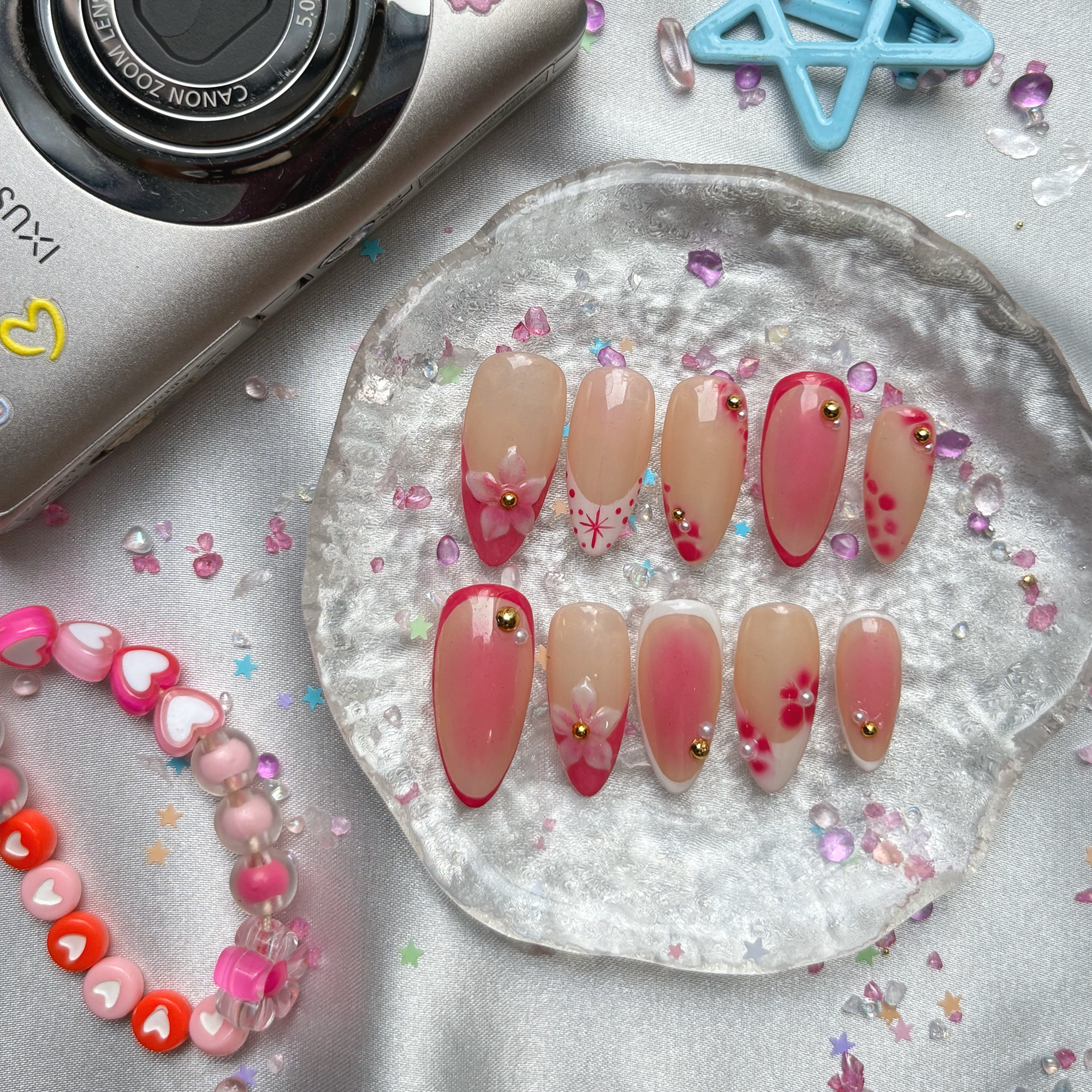 Personalized Pink French Almond Press On Nails | 3D Floral & Dot Accents | Barbiecore Summer Nail Trend 2025 | Cute Girly Manicure