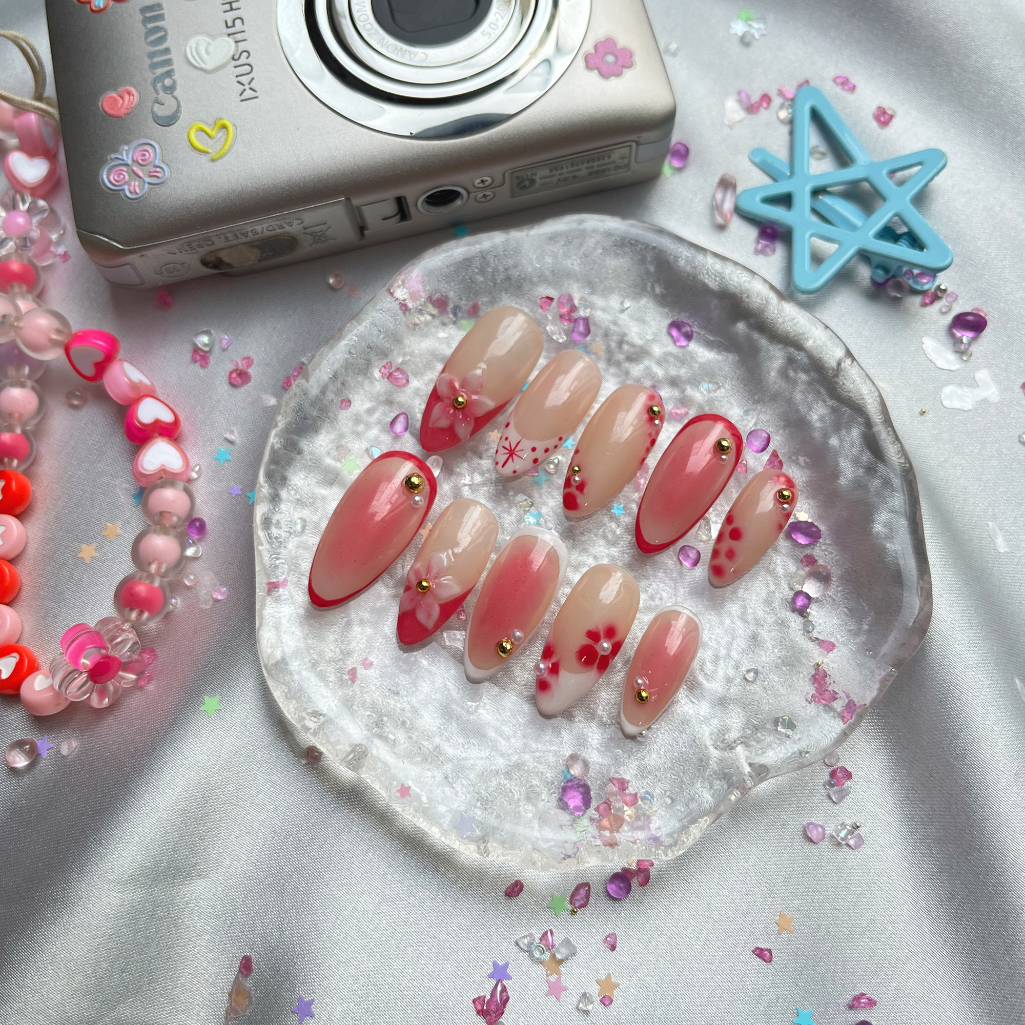 Personalized Pink French Almond Press On Nails | 3D Floral & Dot Accents | Barbiecore Summer Nail Trend 2025 | Cute Girly Manicure