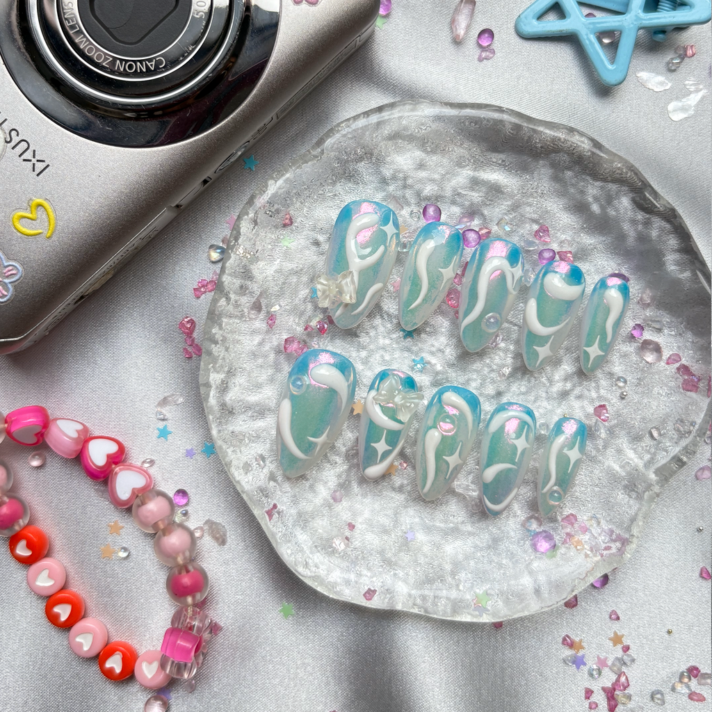 Personalized Pink Blue Swirl Press On Nails: Y2K Galaxy Nail Art | Wynzy Pops Nails