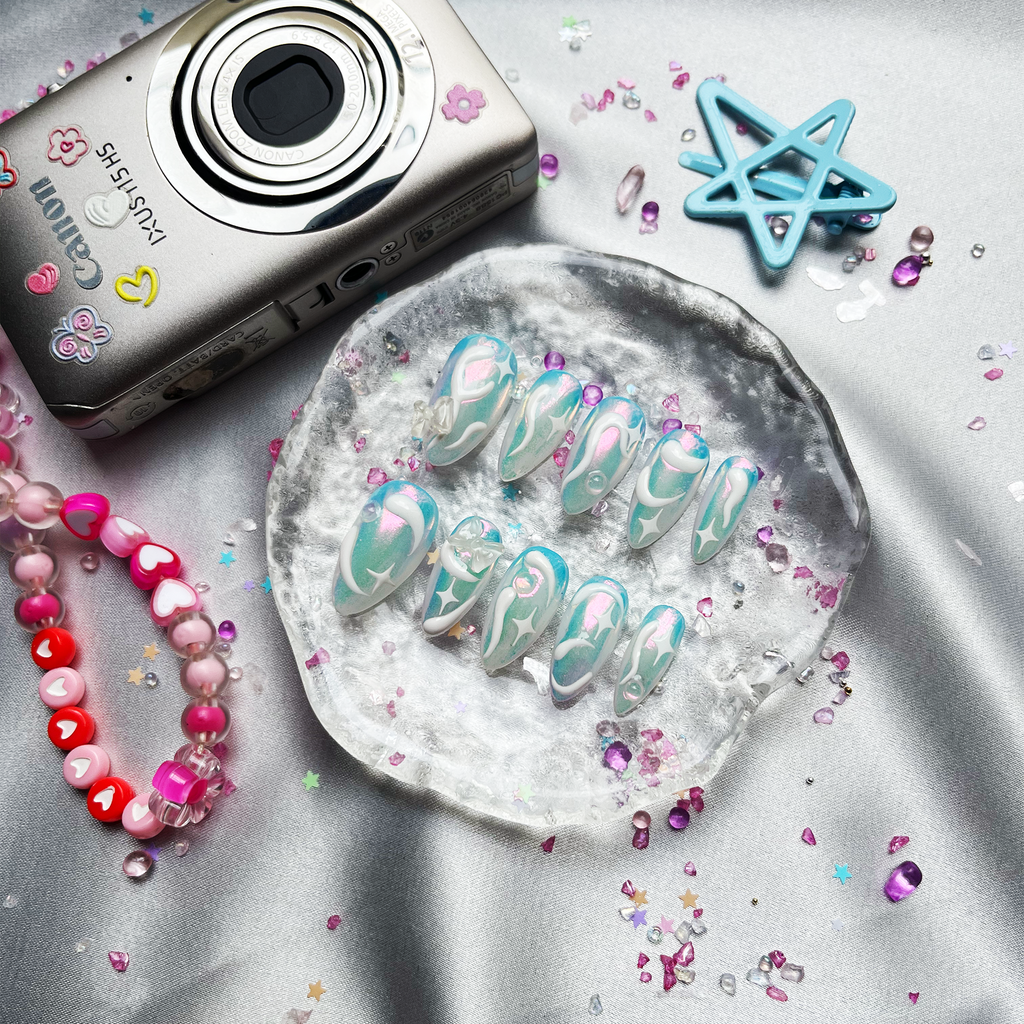 Personalized Pink Blue Swirl Press On Nails: Y2K Galaxy Nail Art | Wynzy Pops Nails