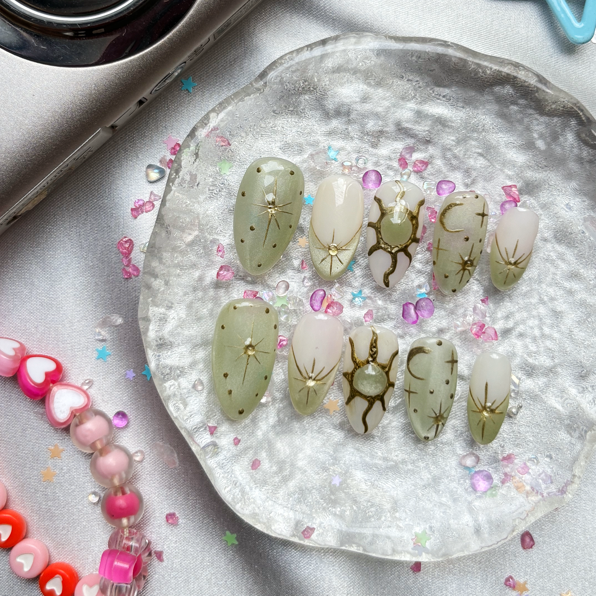 Green Marble Custom Press On Nails: Sun Galaxy Almond Nail Art | Wynzy Pops Nails