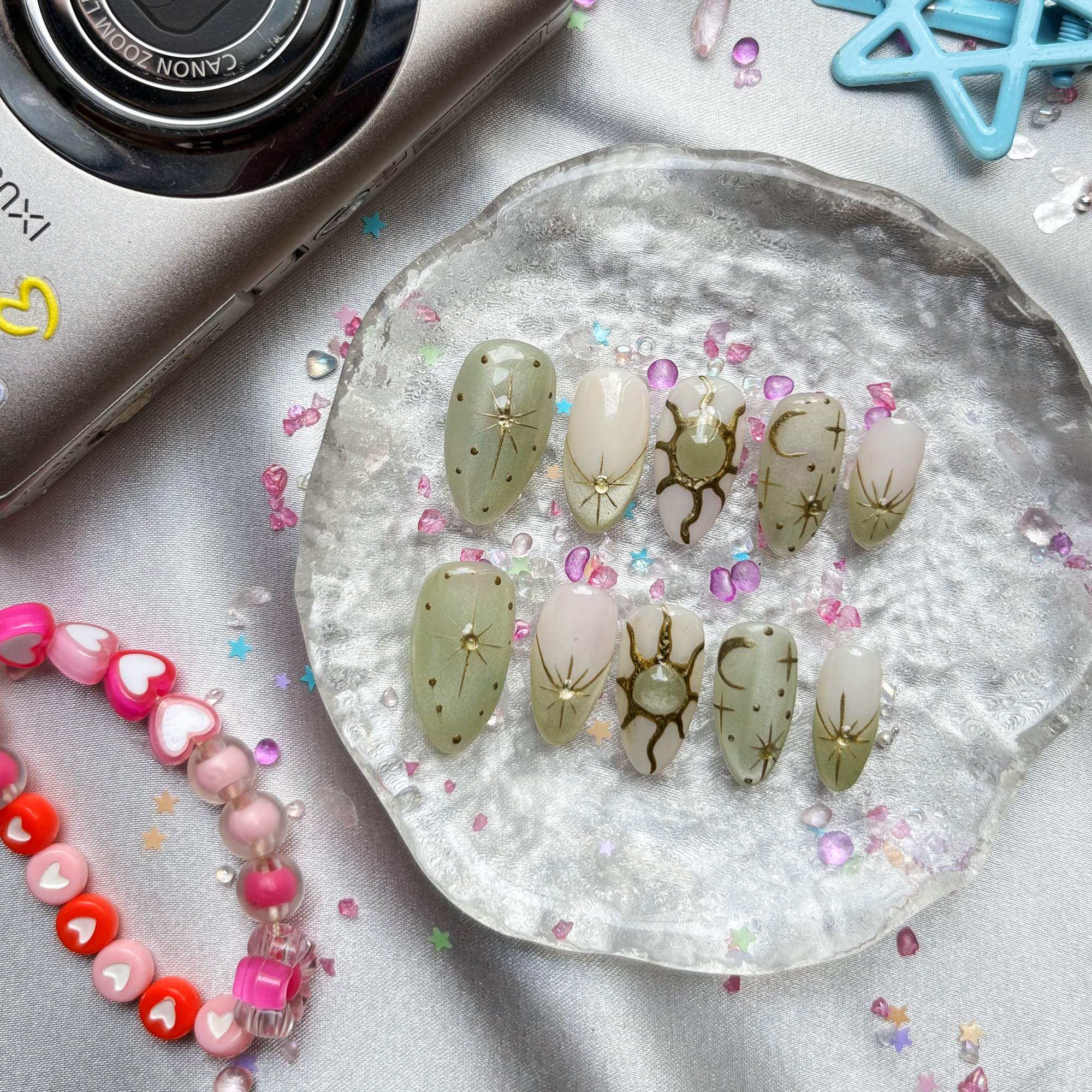 Green Marble Custom Press On Nails: Sun Galaxy Almond Nail Art | Wynzy Pops Nails