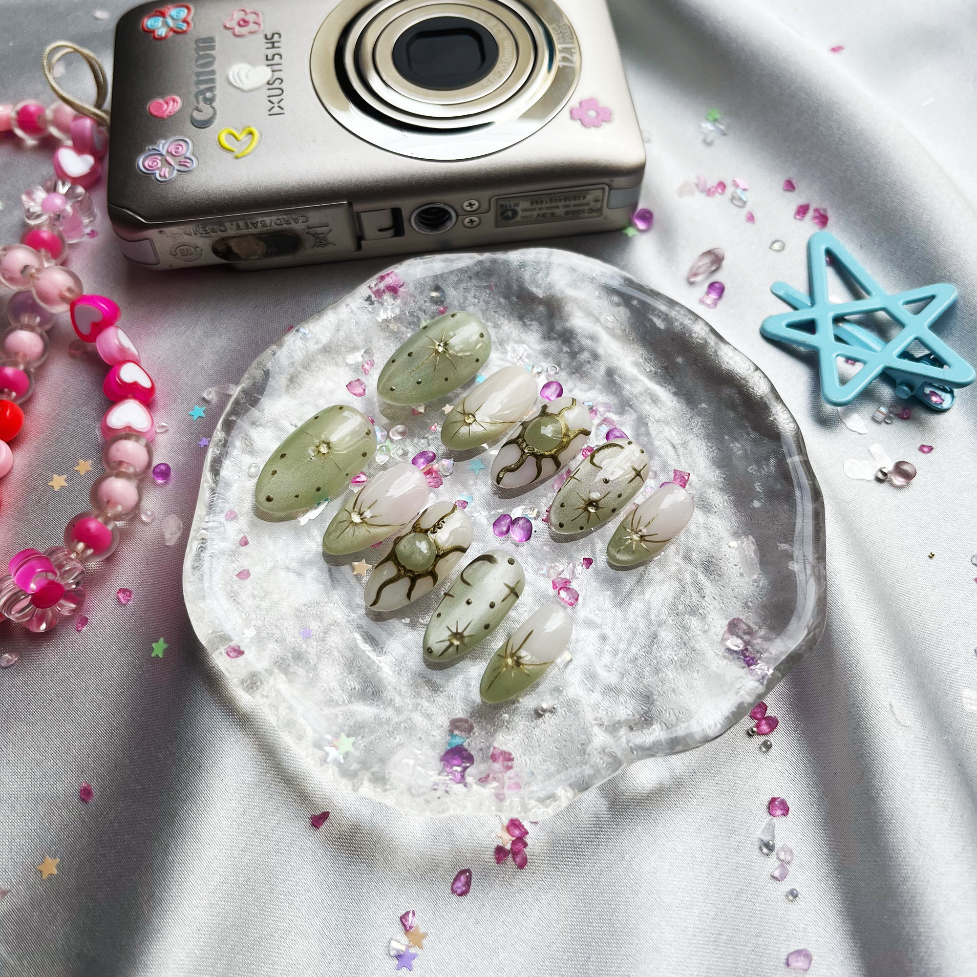Green Marble Custom Press On Nails: Sun Galaxy Almond Nail Art | Wynzy Pops Nails