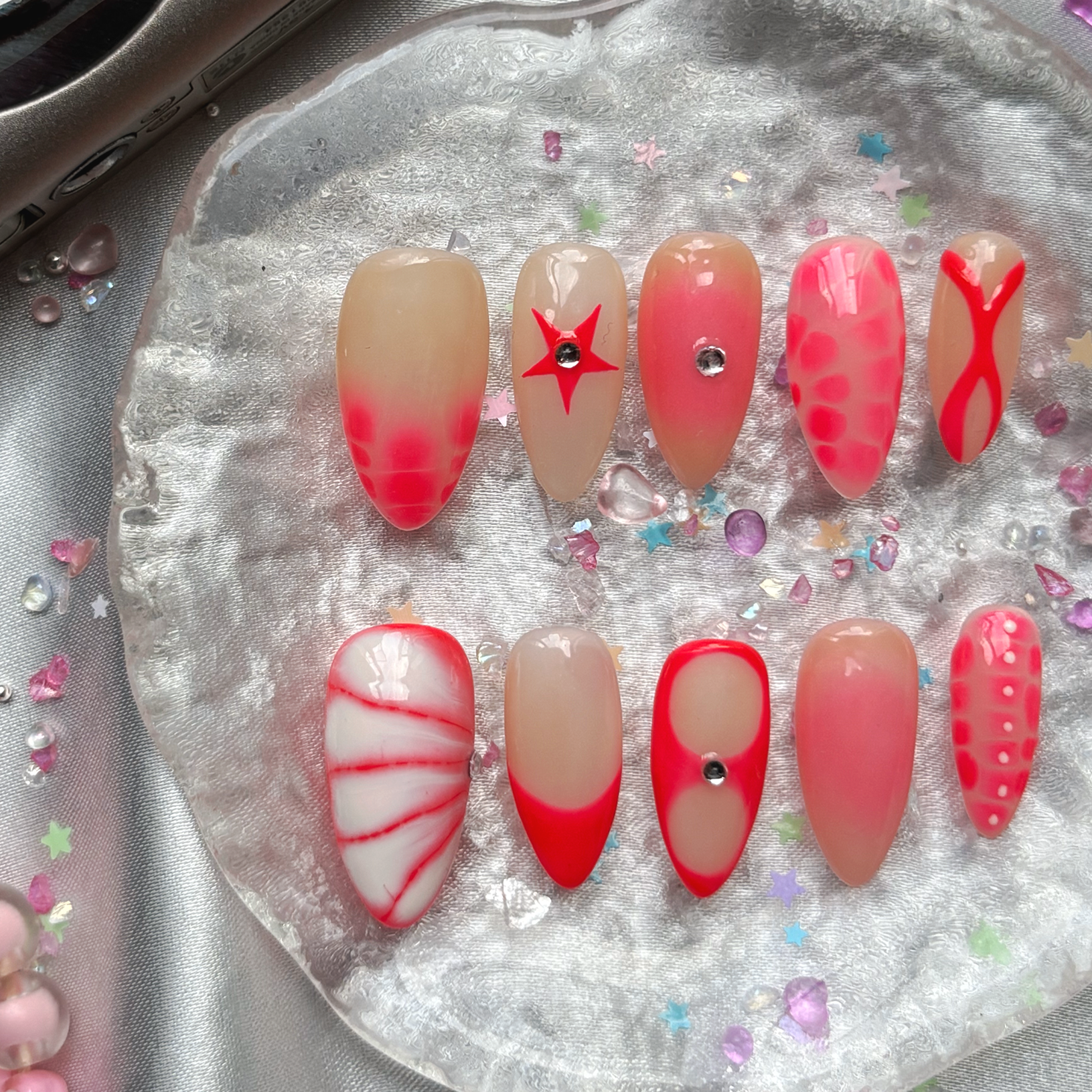 Personalized Neon Pink Almond Press On Nails | Abstract & French Mix Design | Y2K Nail Trend 2025 | Playful Summer Manicure