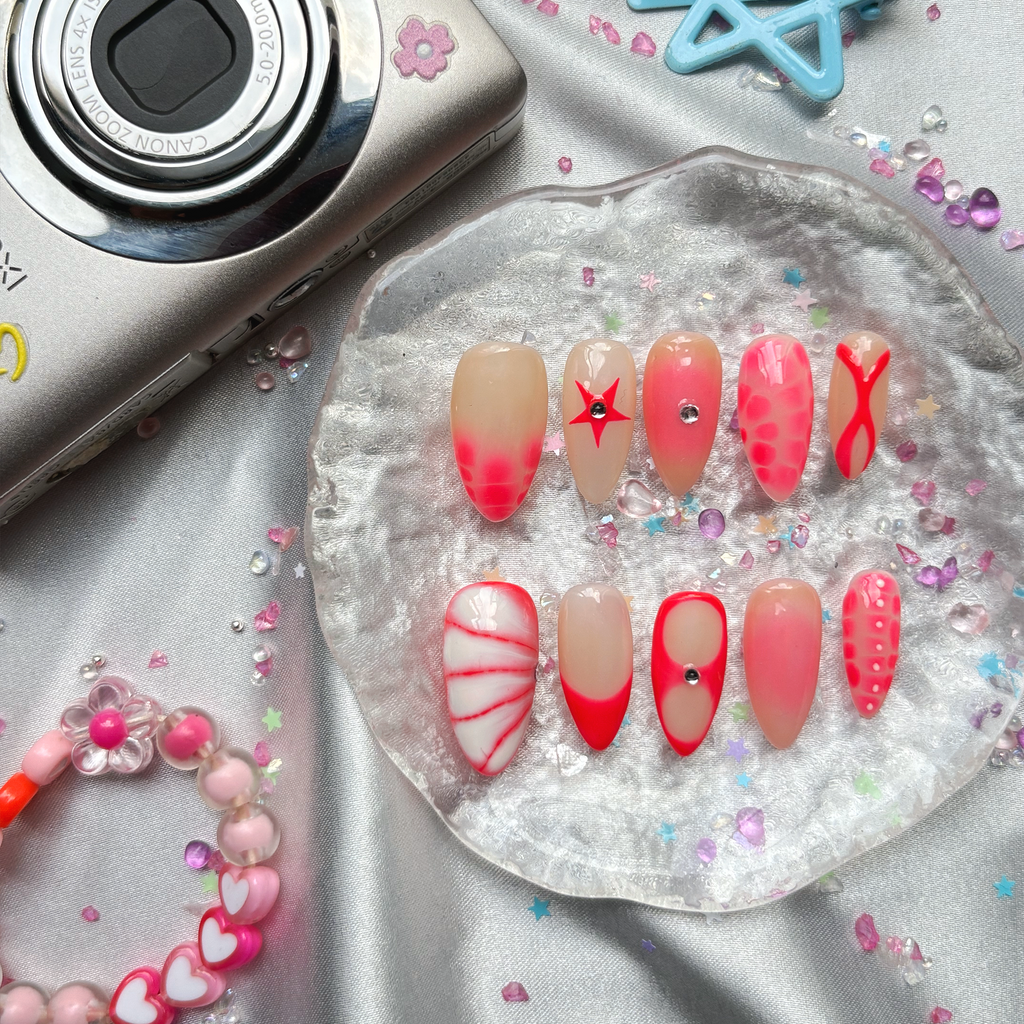 Personalized Neon Pink Almond Press On Nails | Abstract & French Mix Design | Y2K Nail Trend 2025 | Playful Summer Manicure