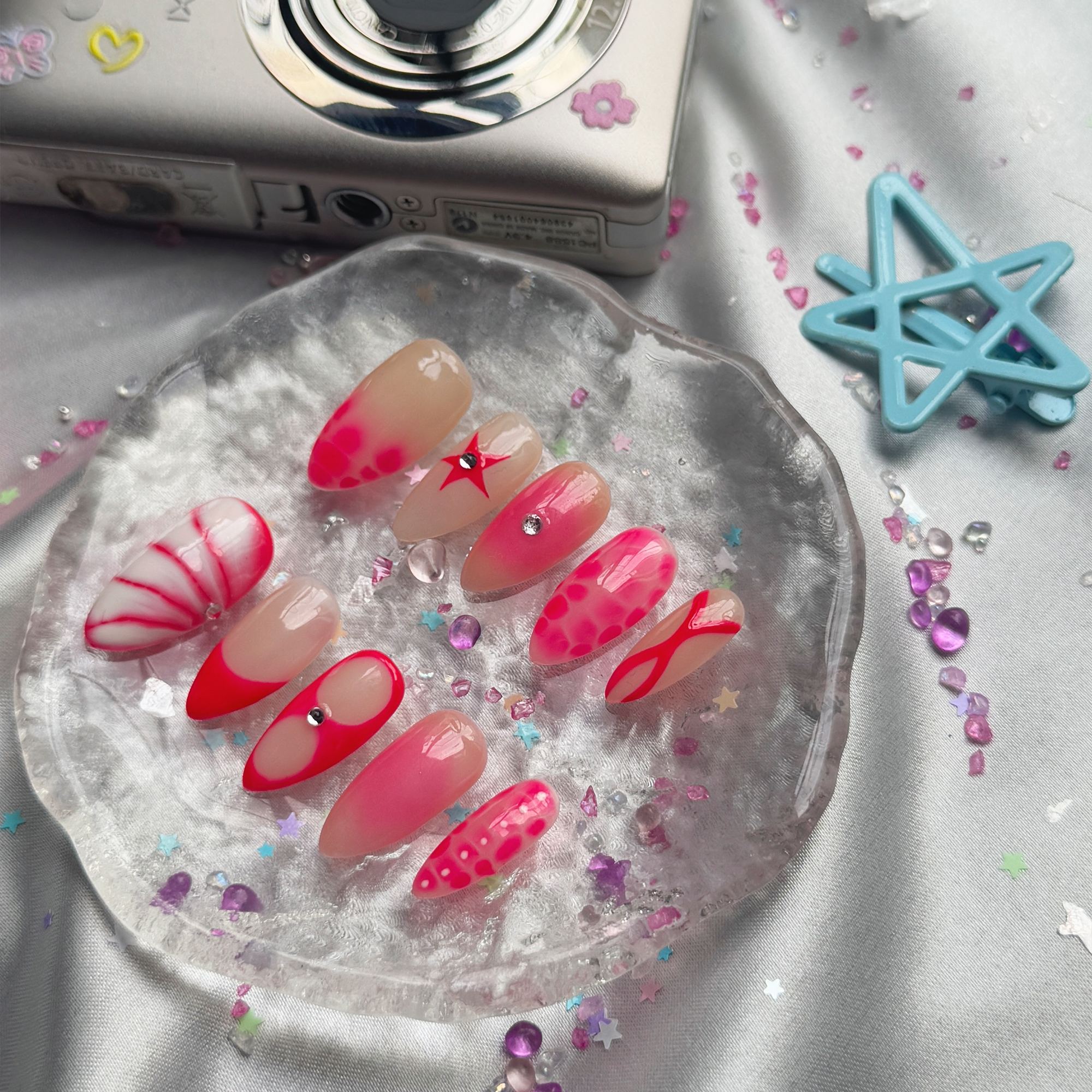 Personalized Neon Pink Almond Press On Nails | Abstract & French Mix Design | Y2K Nail Trend 2025 | Playful Summer Manicure