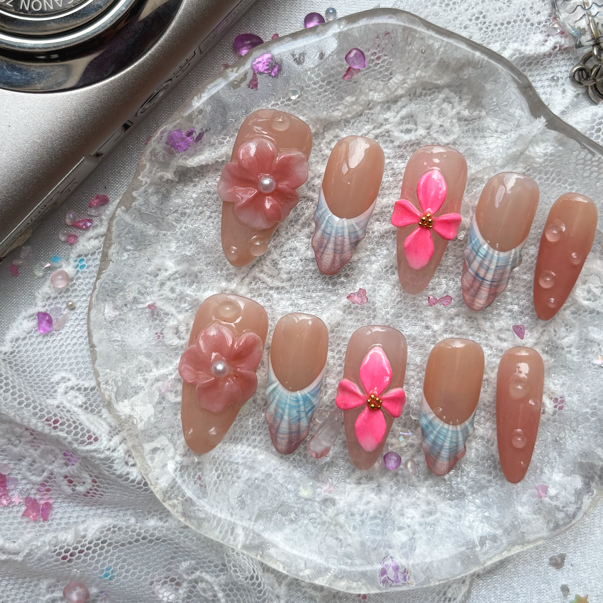 Personalized Nude Mermaid Press On Nails | 3D Pink Floral & Seashell Design | Summer Beach Nail Trend 2025 | Long Almond Shape