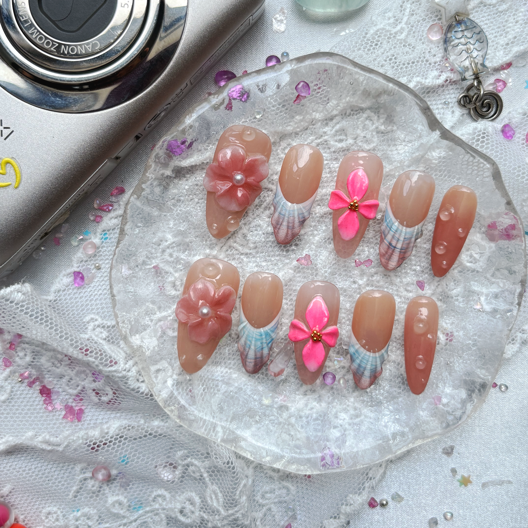 Personalized Nude Mermaid Press On Nails | 3D Pink Floral & Seashell Design | Summer Beach Nail Trend 2025 | Long Almond Shape