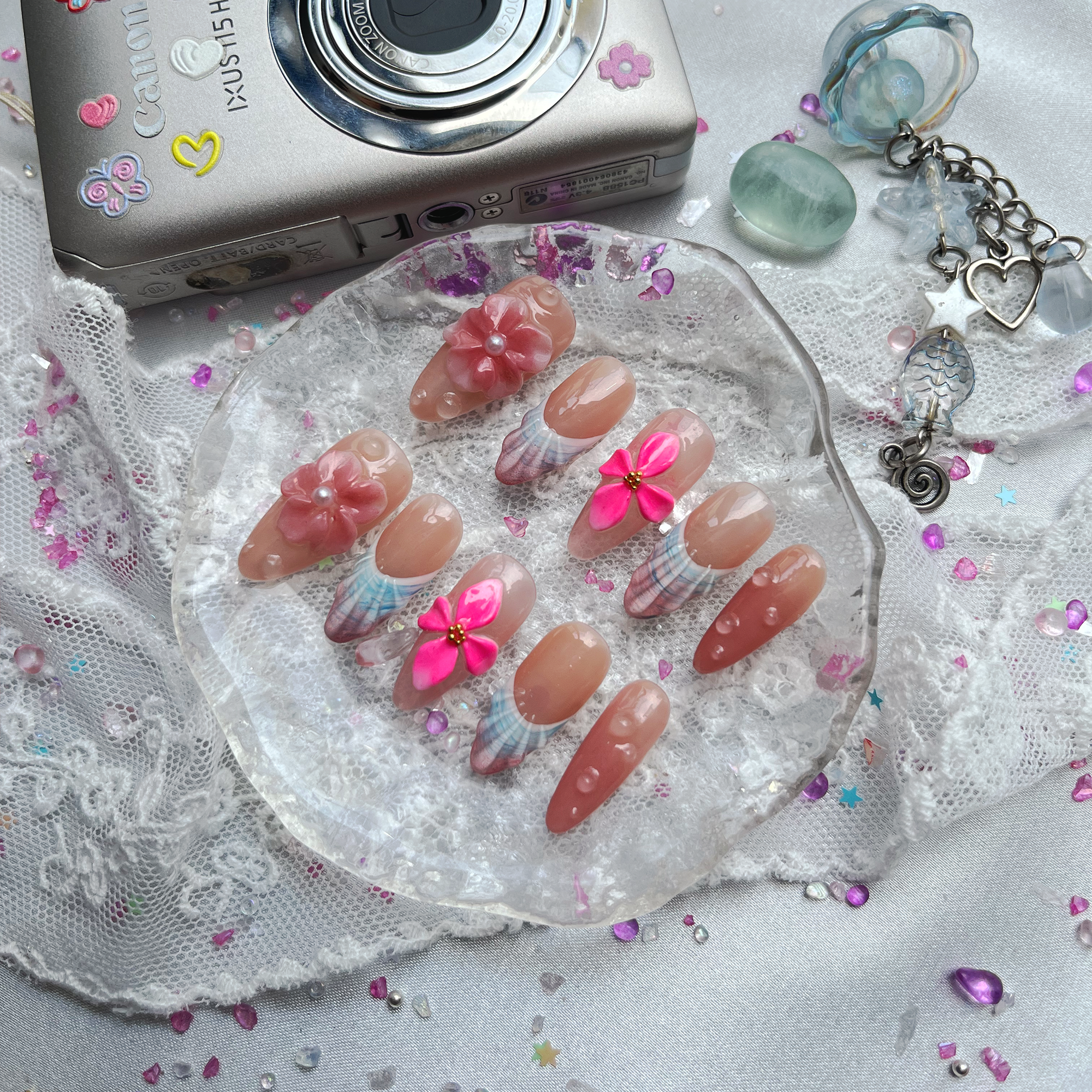 Personalized Nude Mermaid Press On Nails | 3D Pink Floral & Seashell Design | Summer Beach Nail Trend 2025 | Long Almond Shape