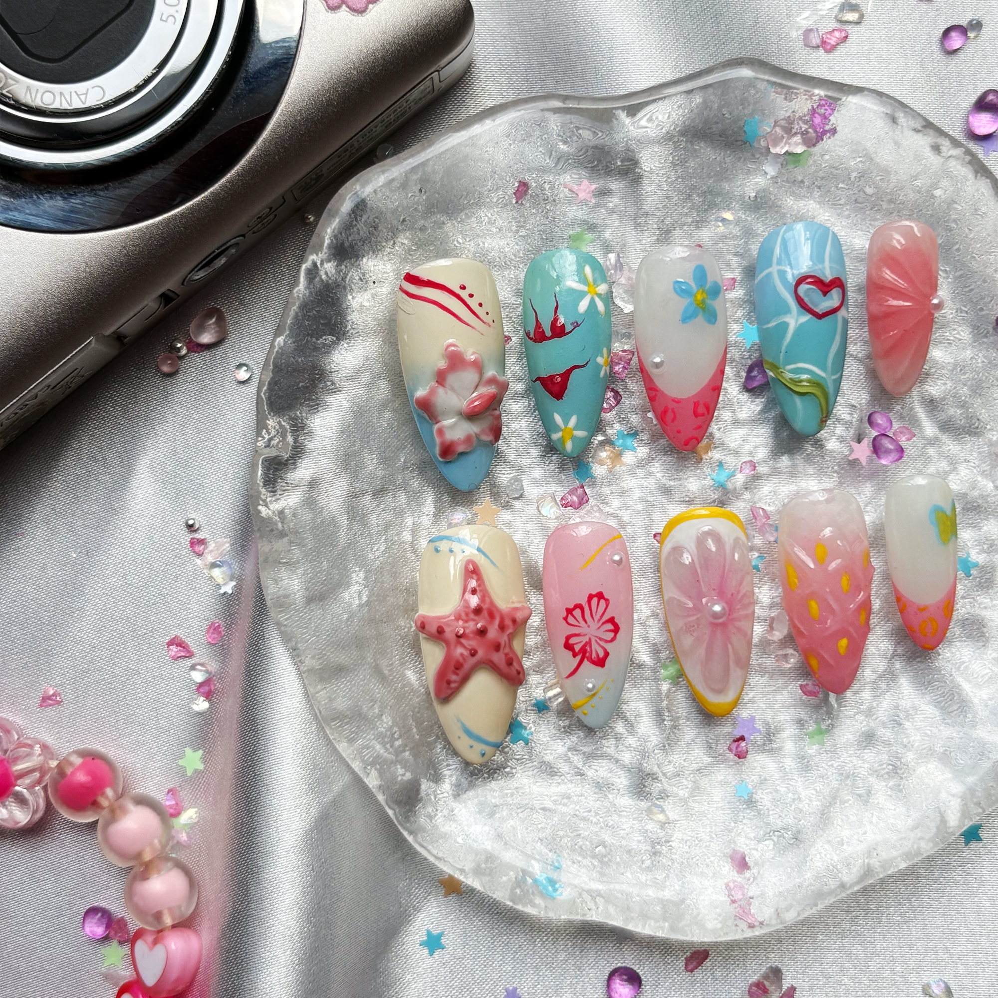 Custom Press-On Nails – Personalized 3D Beach Y2K Almond Nail Art | Wynzy Pops Nails