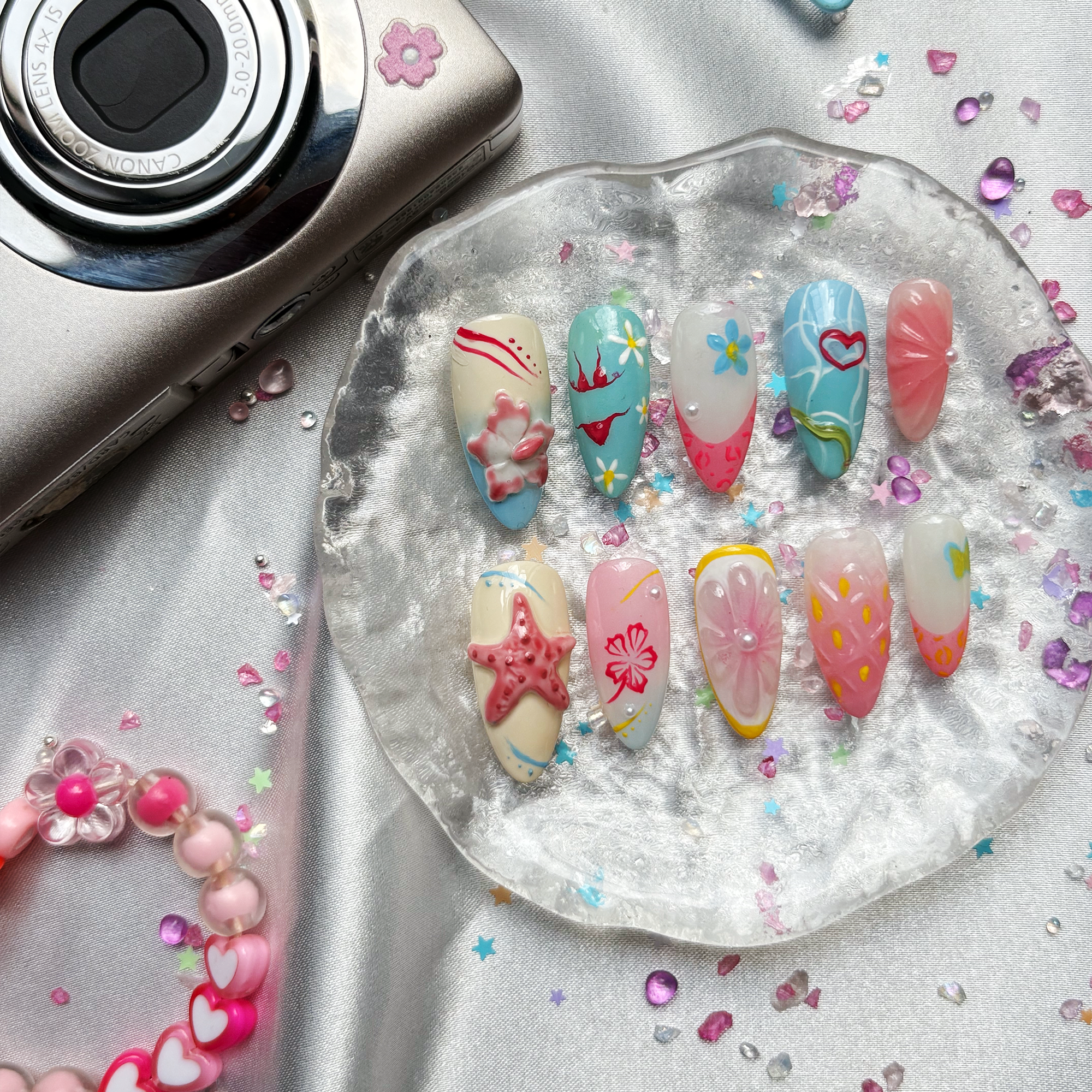 Custom Press-On Nails – Personalized 3D Beach Y2K Almond Nail Art | Wynzy Pops Nails