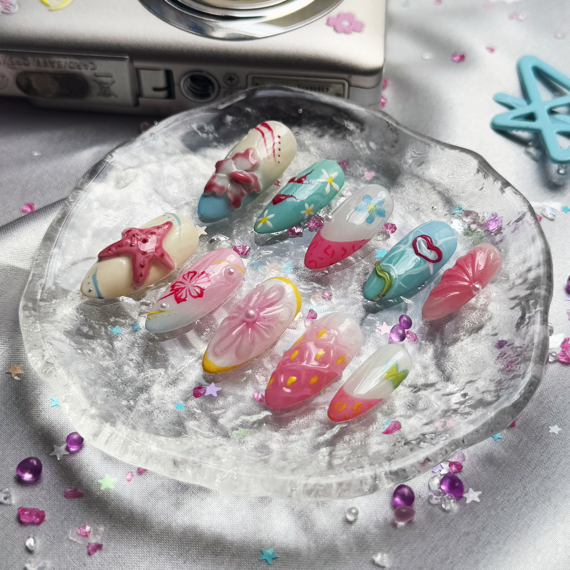 Custom Press-On Nails – Personalized 3D Beach Y2K Almond Nail Art | Wynzy Pops Nails
