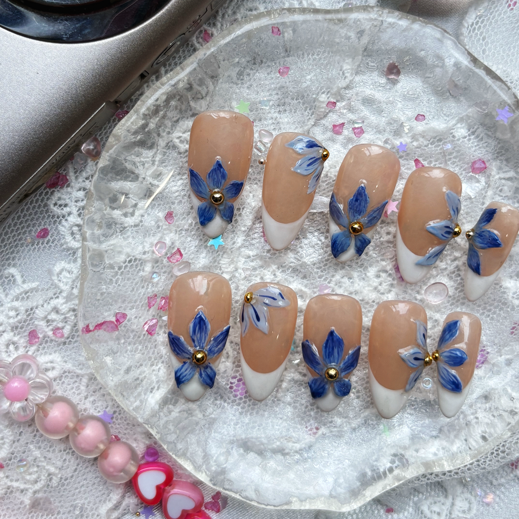 Custom Press-On Nails – French Tip with Blue Floral Hand-Painted Accents | Elegant Flower Nail Art | Wynzy Pops Nails