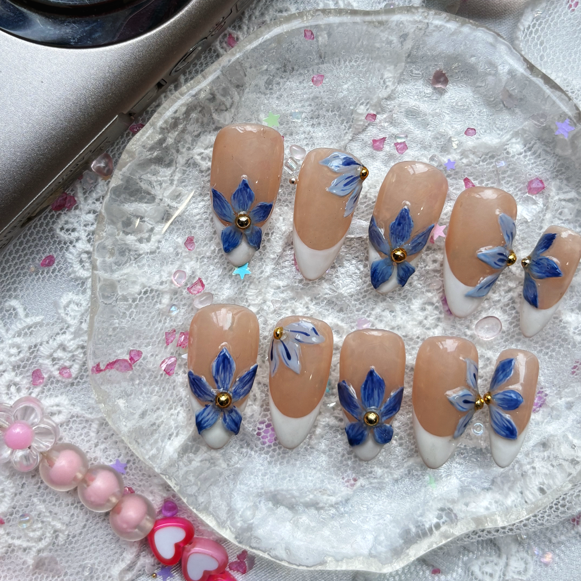 Custom Press-On Nails – French Tip with Blue Floral Hand-Painted Accents | Elegant Flower Nail Art | Wynzy Pops Nails