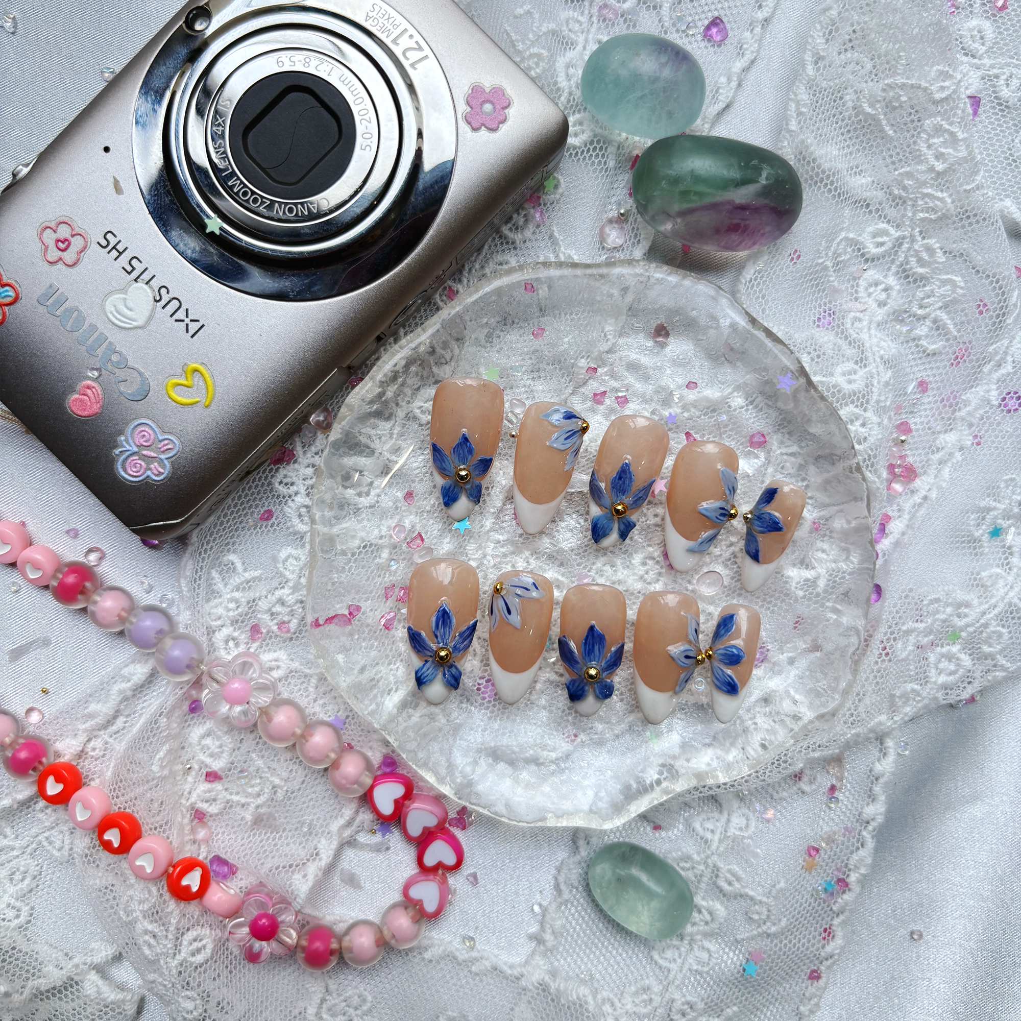 Custom Press-On Nails – French Tip with Blue Floral Hand-Painted Accents | Elegant Flower Nail Art | Wynzy Pops Nails