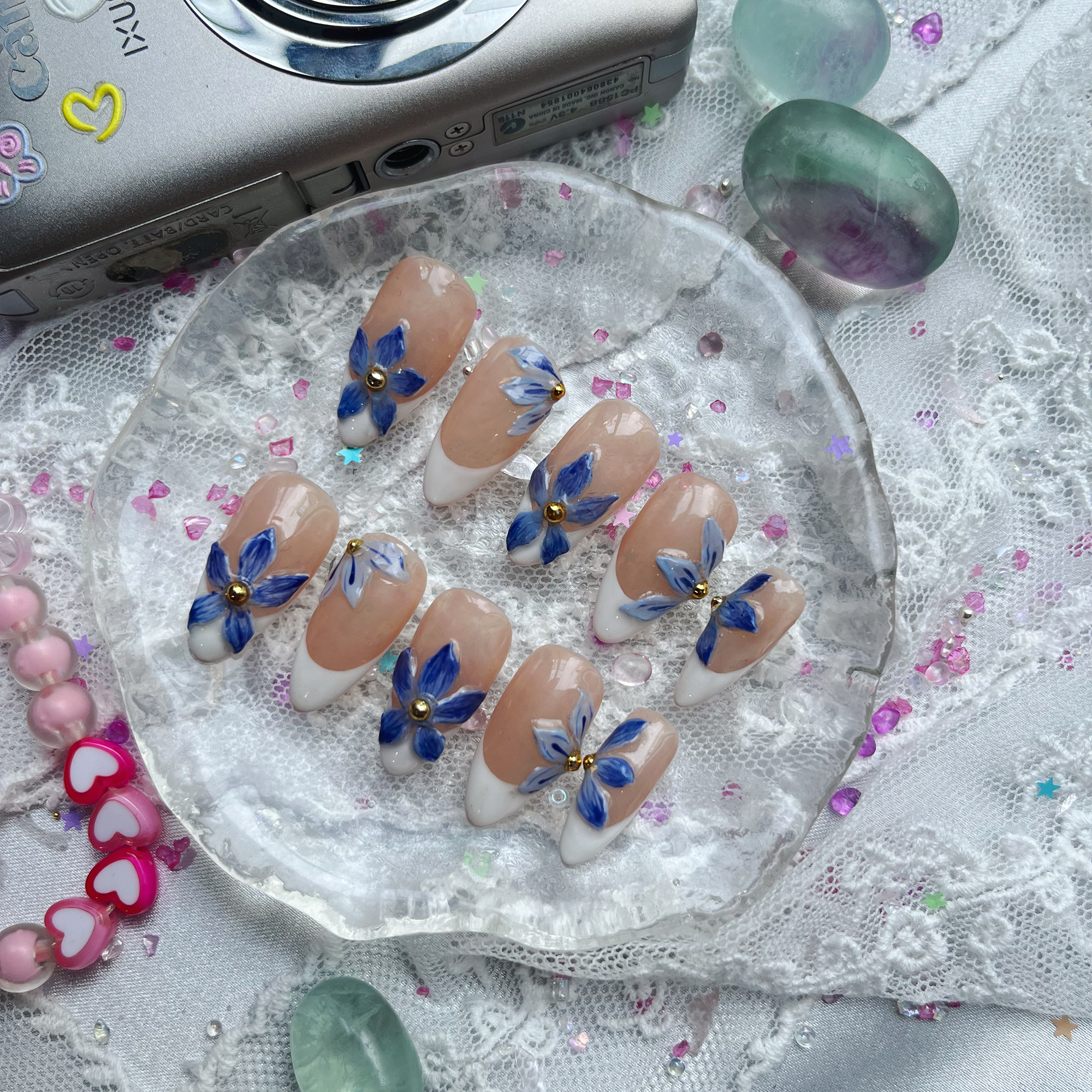 Custom Press-On Nails – French Tip with Blue Floral Hand-Painted Accents | Elegant Flower Nail Art | Wynzy Pops Nails