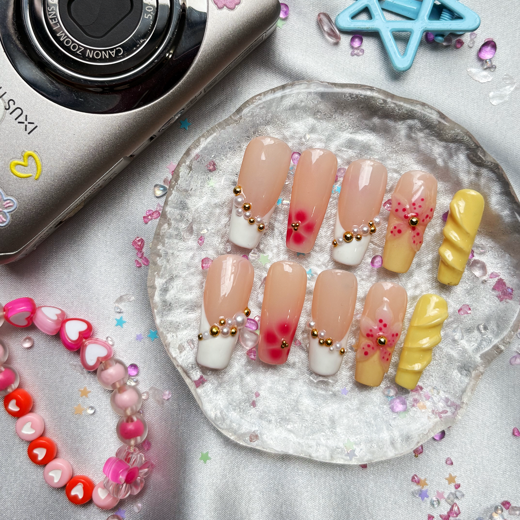Custom Press-On Nails – Personalized Pink Tropical Y2K Nail Art Set | Wynzy Pops Nails