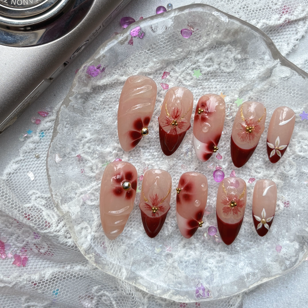 Custom Press-On Nails – Personalized Red Floral French Tip with 3D Flower Nail Art | Wynzy Pops Nails