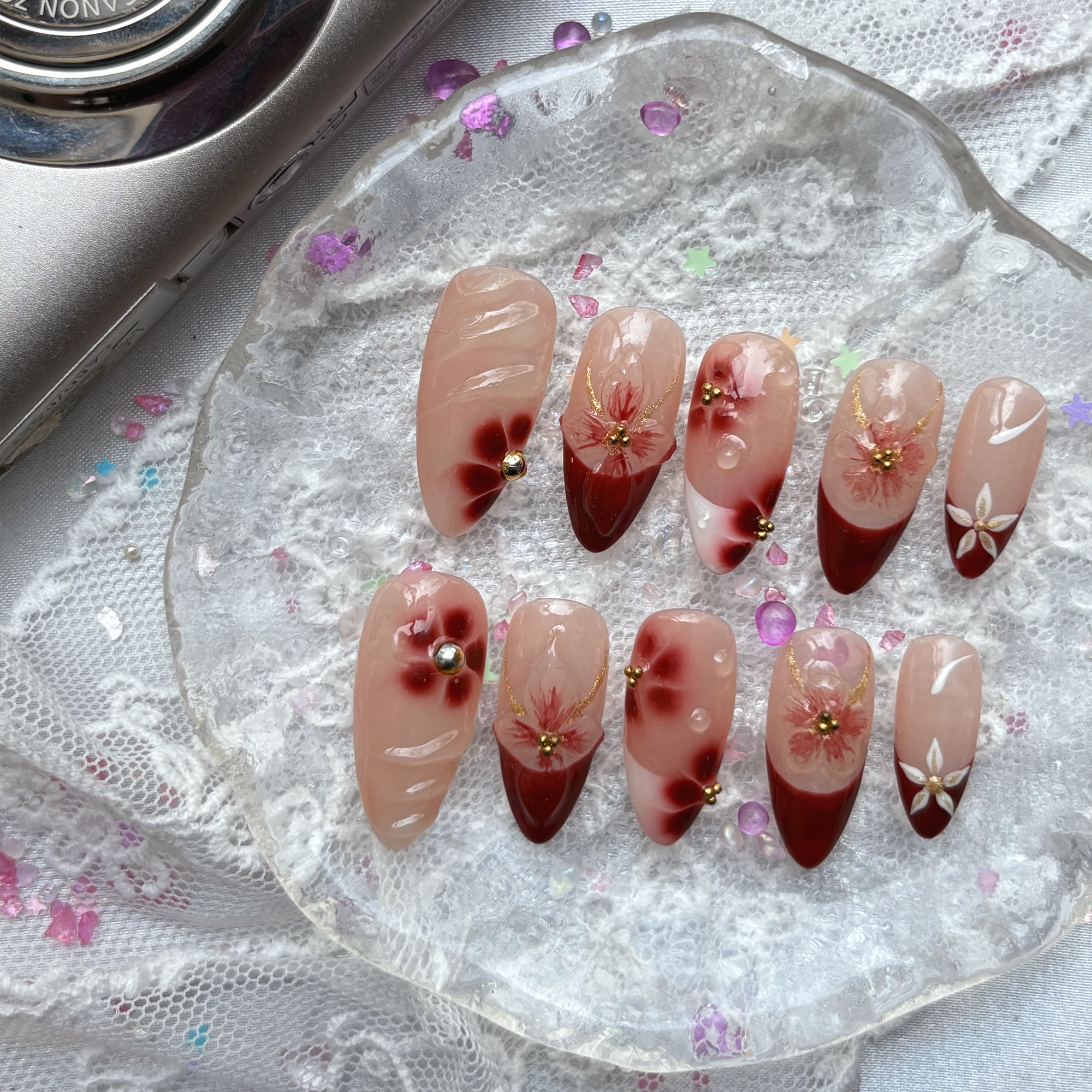 Custom Press-On Nails – Personalized Red Floral French Tip with 3D Flower Nail Art | Wynzy Pops Nails