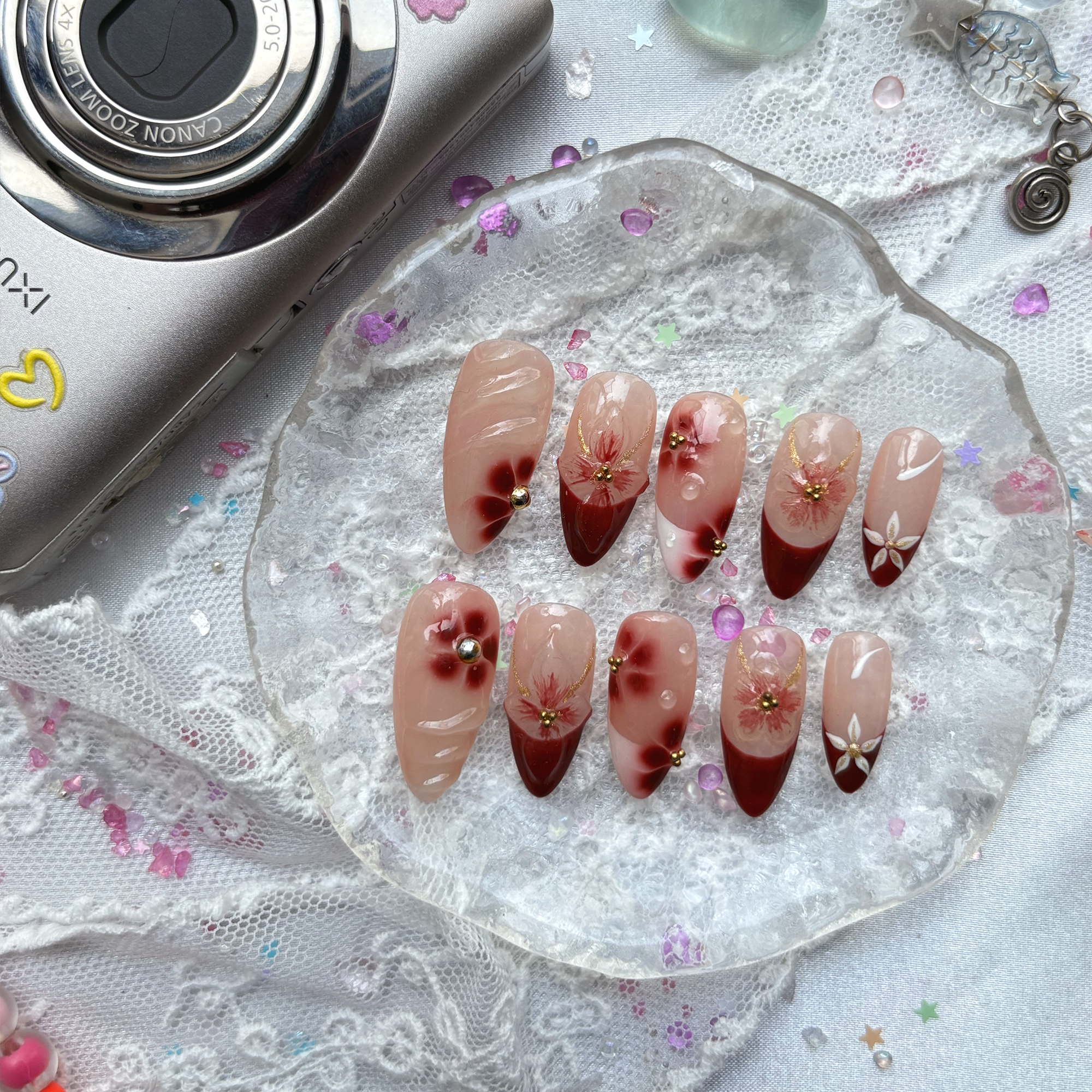 Custom Press-On Nails – Personalized Red Floral French Tip with 3D Flower Nail Art | Wynzy Pops Nails