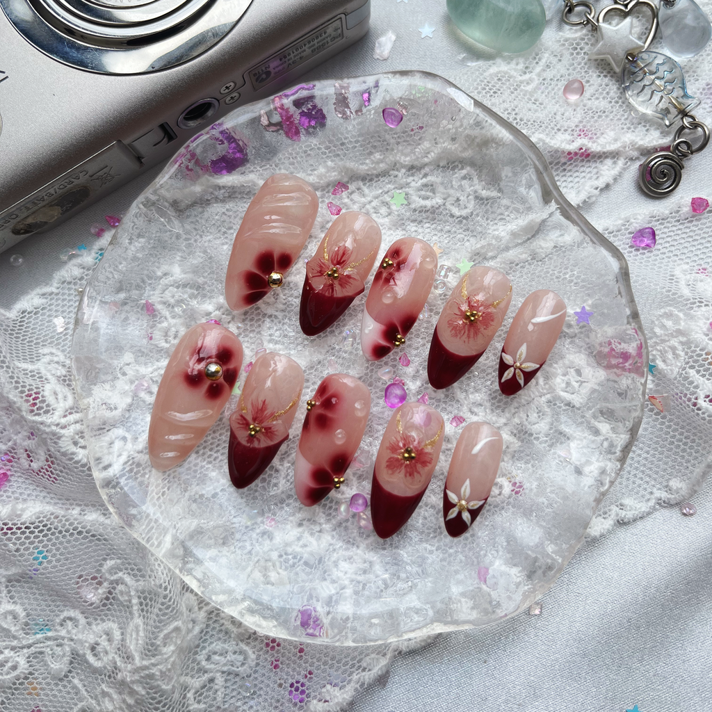 Custom Press-On Nails – Personalized Red Floral French Tip with 3D Flower Nail Art | Wynzy Pops Nails