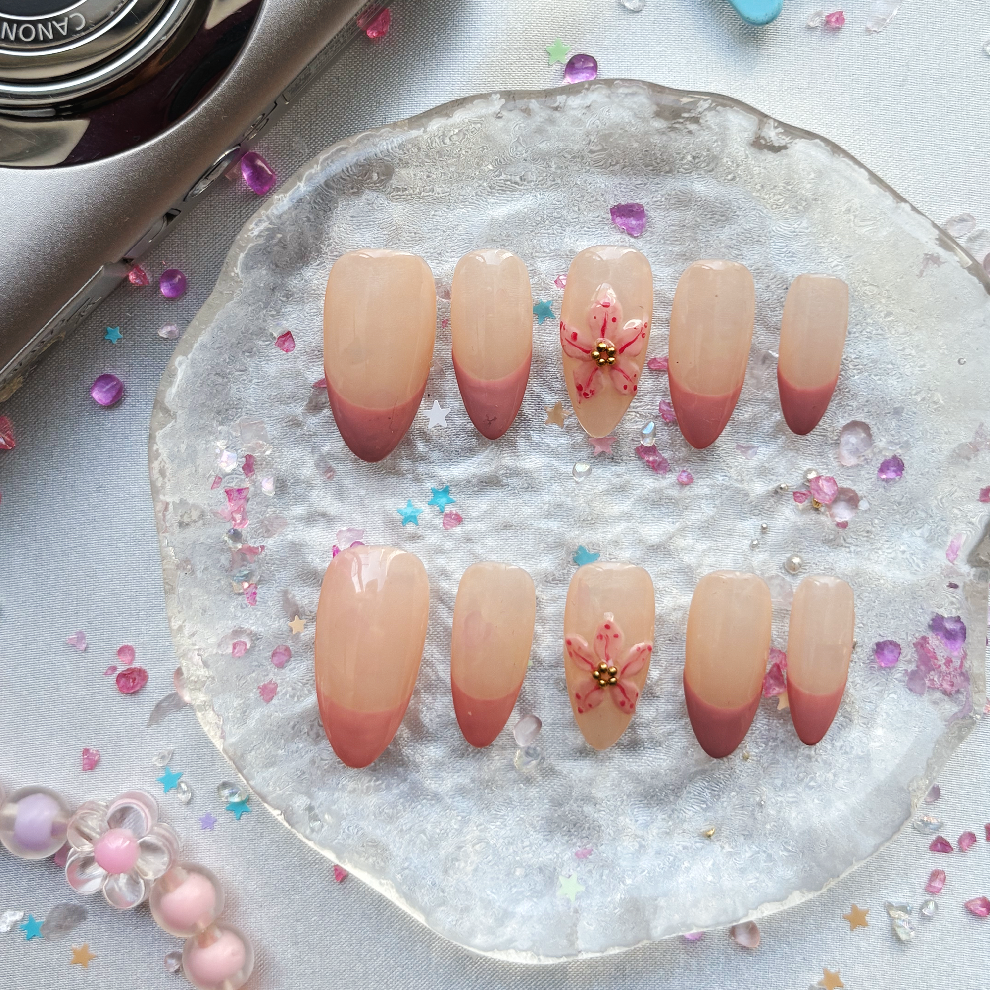 Custom Press-On Nails – Personalized Pink French Tip with 3D Floral Nail Art Set | Wynzy Pops Nails