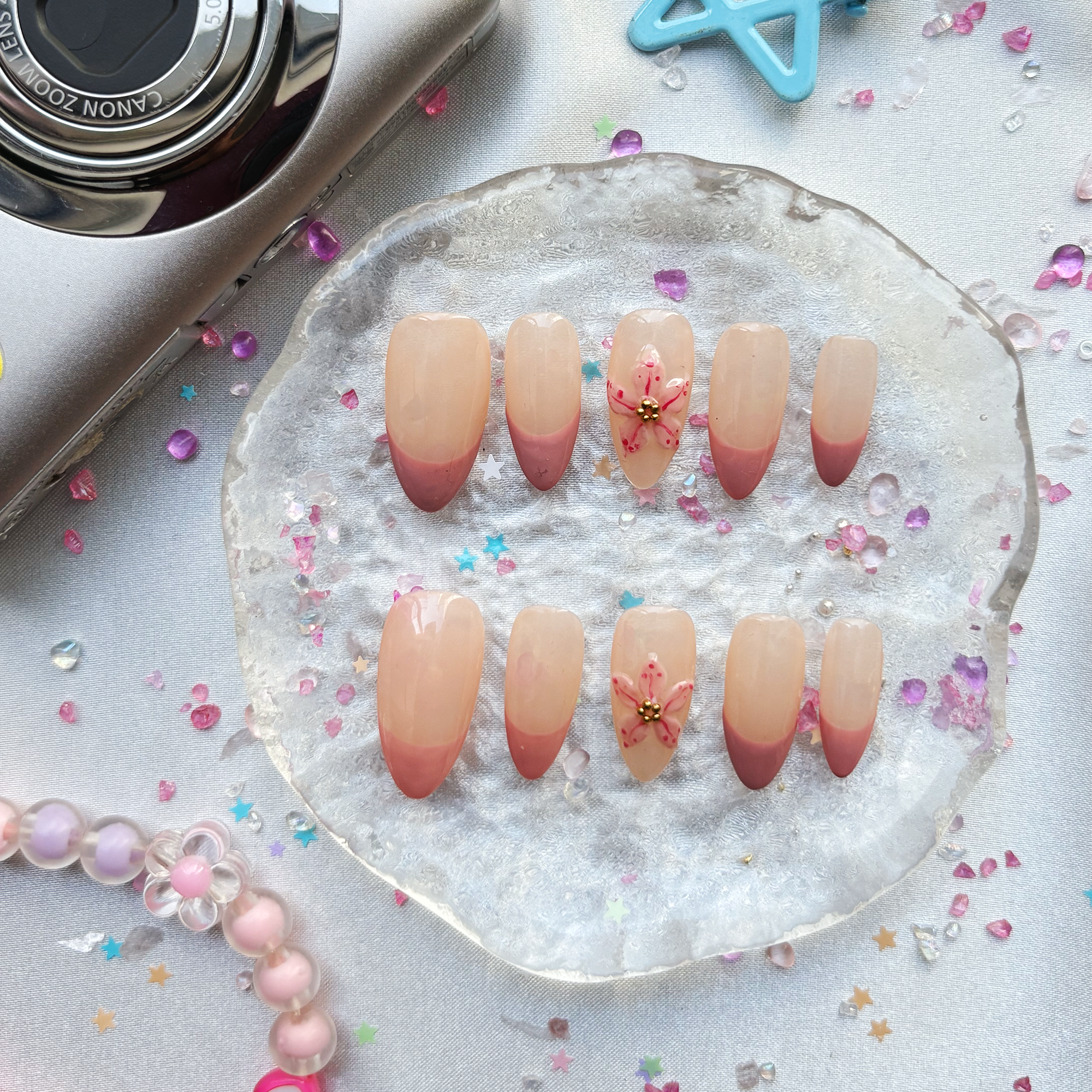 Custom Press-On Nails – Personalized Pink French Tip with 3D Floral Nail Art Set | Wynzy Pops Nails