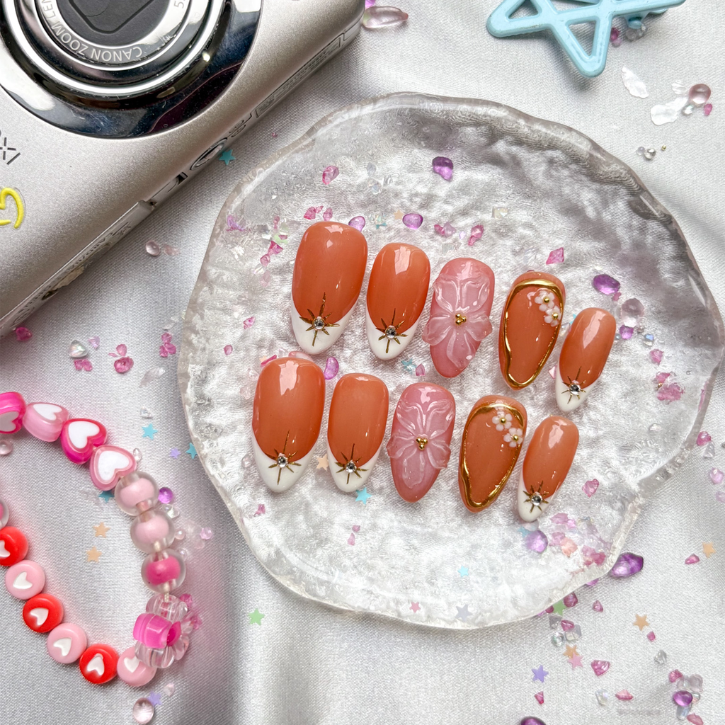 Custom Floral Press On Nails | Nude & Pink Nails with 3D Flower | French Tips & Star Accents | Gold Frame Details | Elegant Long Almond Set