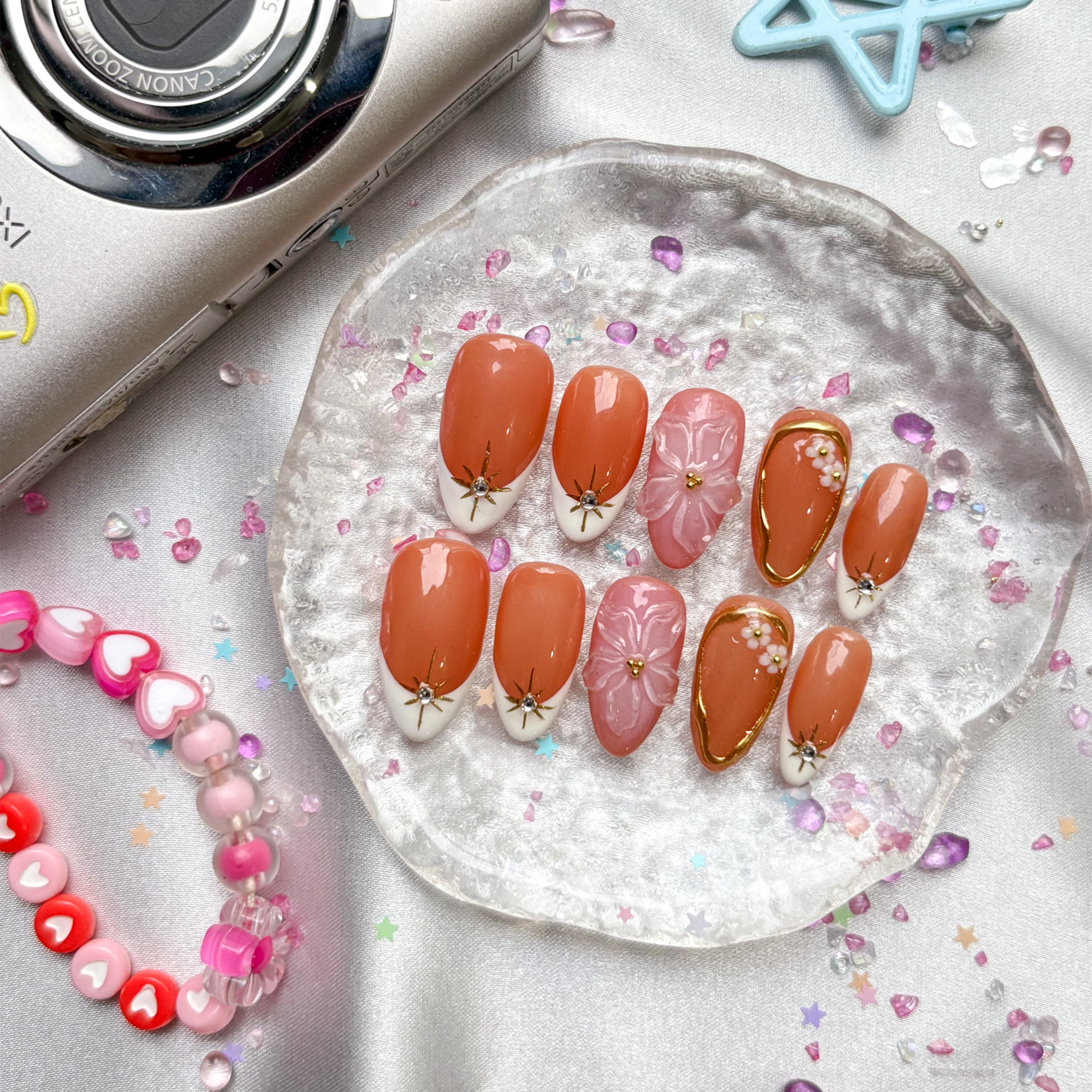 Custom Floral Press On Nails | Nude & Pink Nails with 3D Flower | French Tips & Star Accents | Gold Frame Details | Elegant Long Almond Set