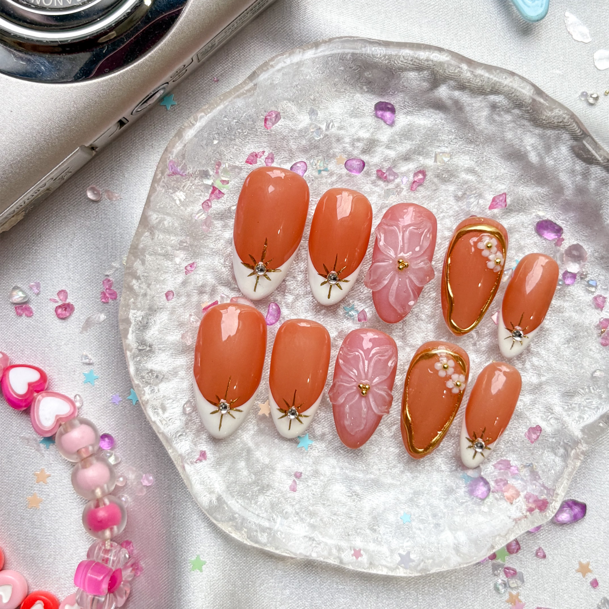 Custom Floral Press On Nails | Nude & Pink Nails with 3D Flower | French Tips & Star Accents | Gold Frame Details | Elegant Long Almond Set
