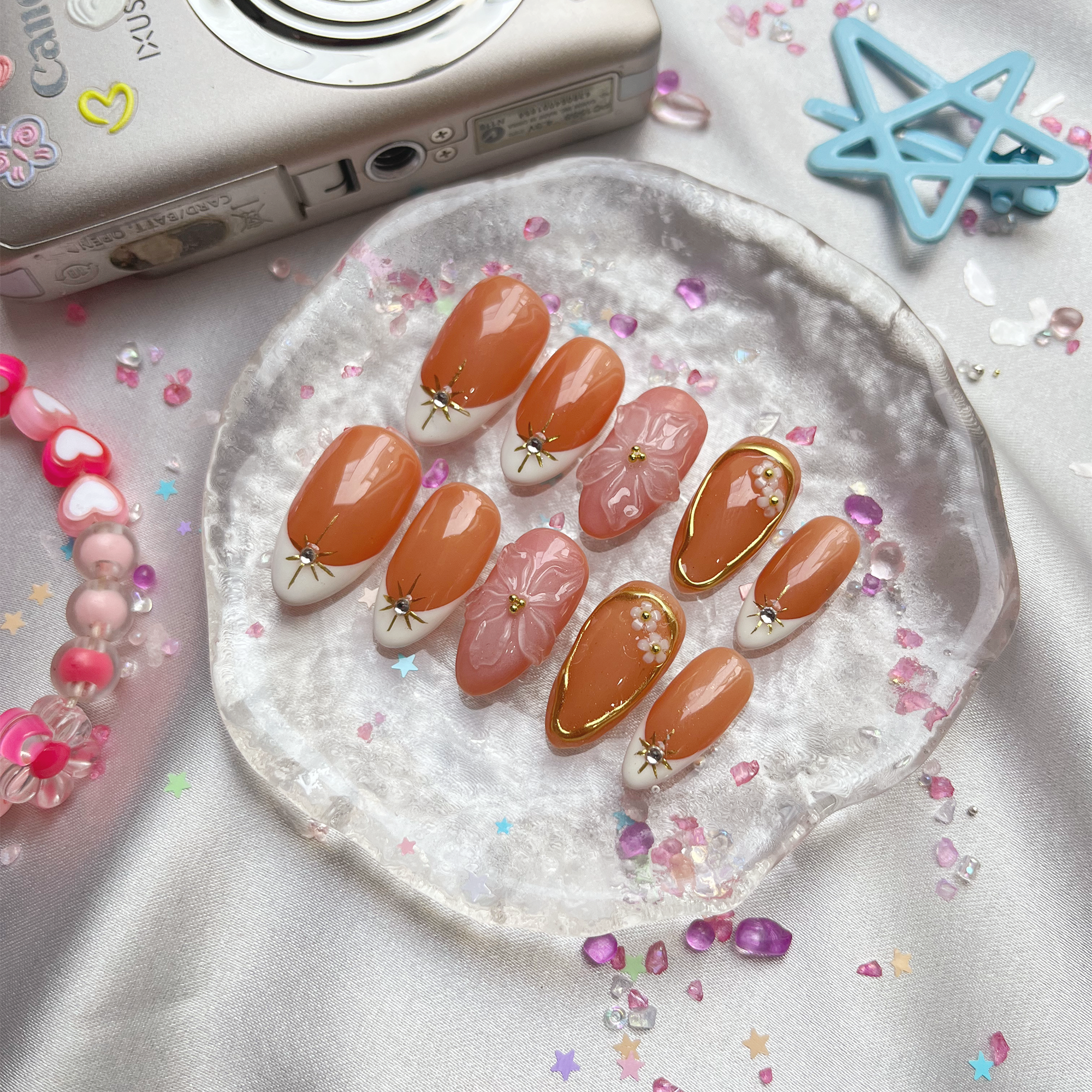 Custom Floral Press On Nails | Nude & Pink Nails with 3D Flower | French Tips & Star Accents | Gold Frame Details | Elegant Long Almond Set