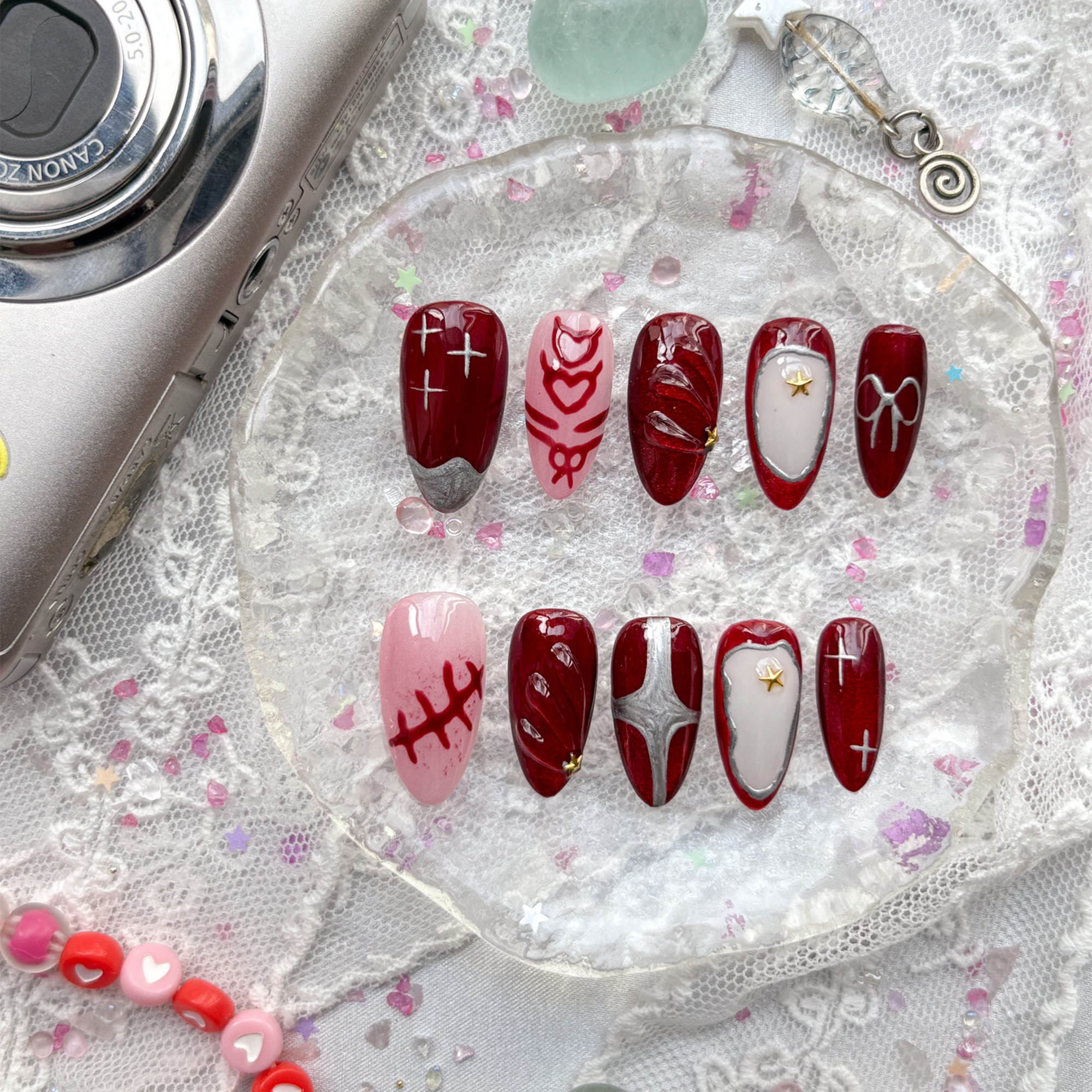 Custom Press-On Nails – Gothic Vampire Set in Wine Red & Pink with Cross, Star & Blood Drip Accents | Wynzy Pops Nails