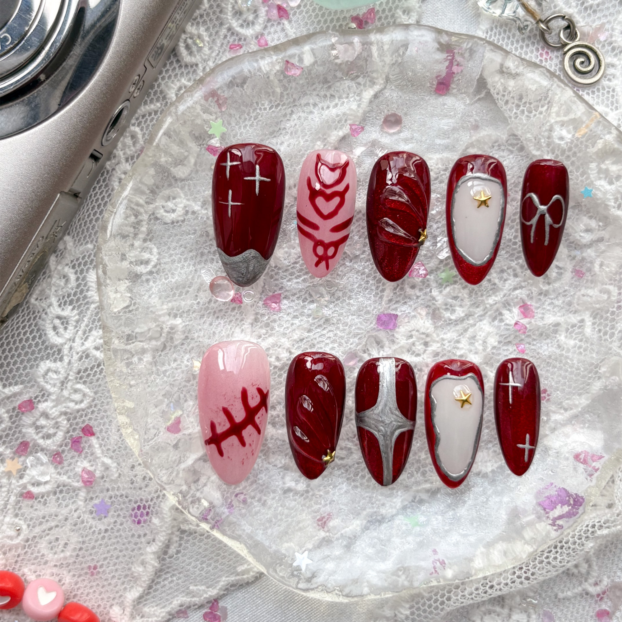 Custom Press-On Nails – Gothic Vampire Set in Wine Red & Pink with Cross, Star & Blood Drip Accents | Wynzy Pops Nails