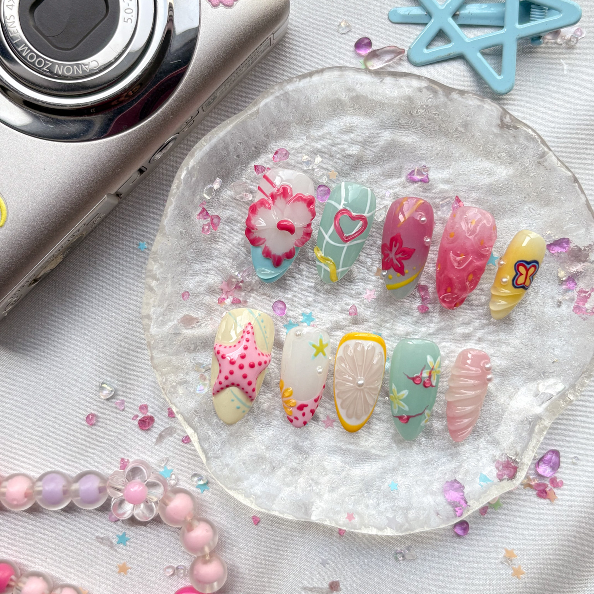 Custom Press-On Nails – Tropical Y2K Summer Vibes with 3D Starfish, Citrus & Butterflies | Wynzy Pops Nails