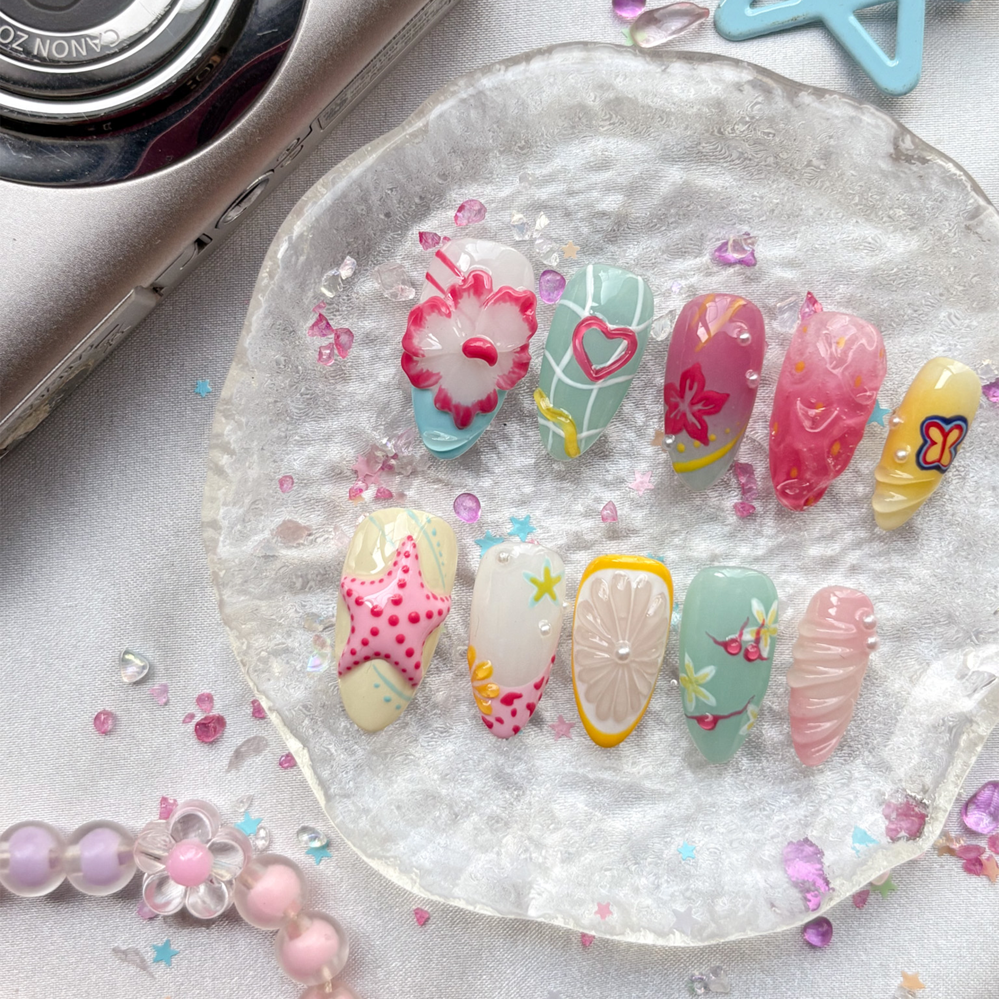 Custom Press-On Nails – Tropical Y2K Summer Vibes with 3D Starfish, Citrus & Butterflies | Wynzy Pops Nails