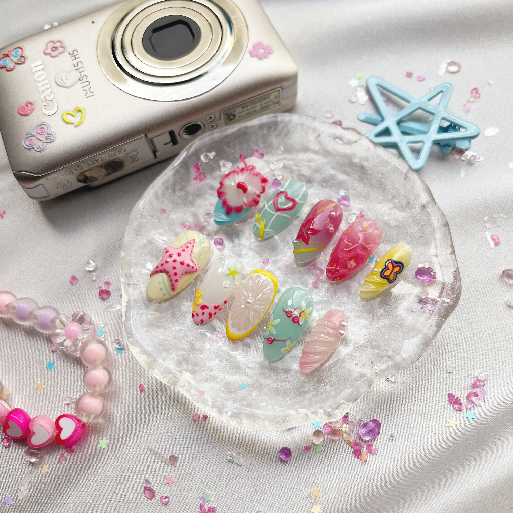Custom Press-On Nails – Tropical Y2K Summer Vibes with 3D Starfish, Citrus & Butterflies | Wynzy Pops Nails