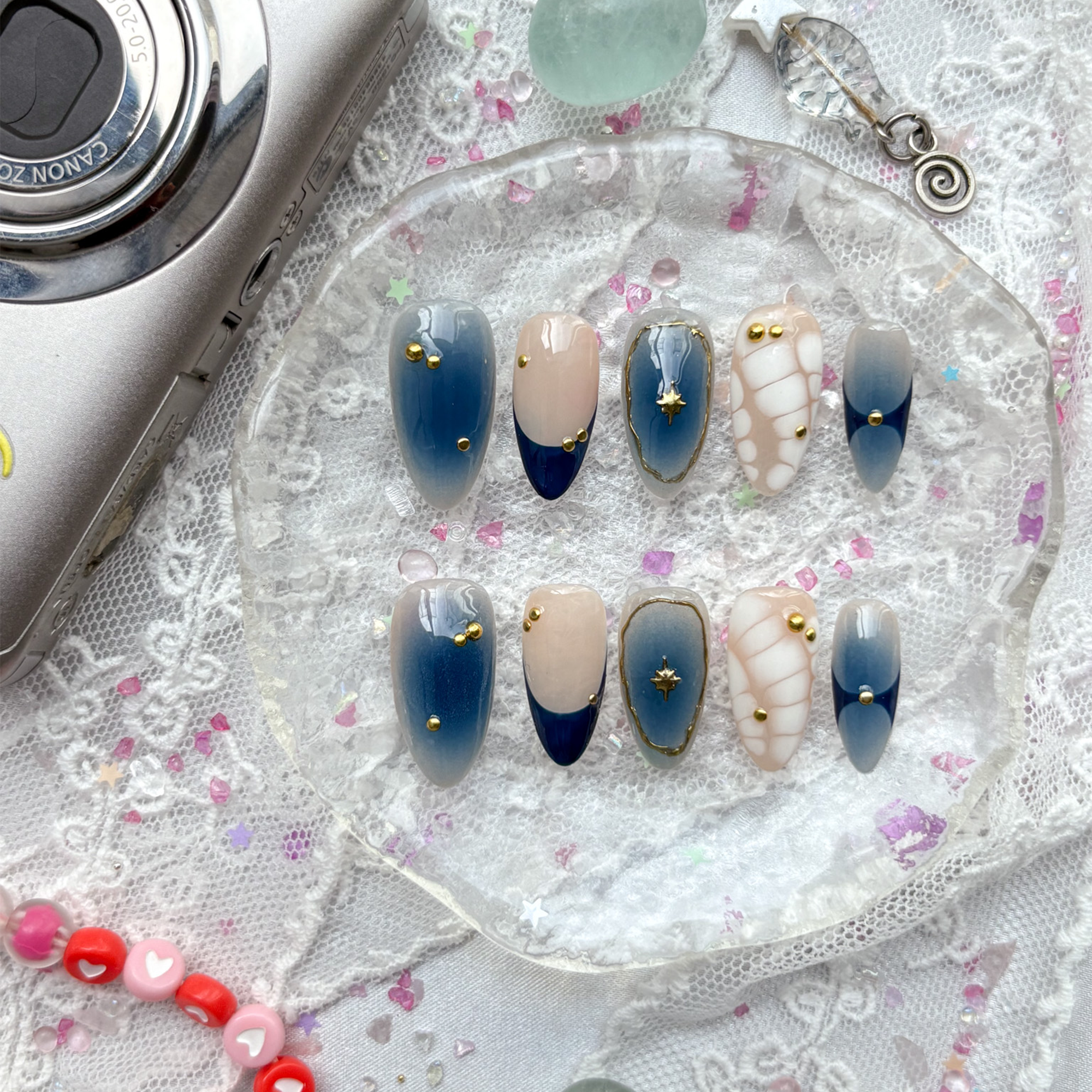 Custom Press-On Nails – Blue Galaxy Ombre with Gold Stars & Celestial Charms | Wynzy Pops Nails