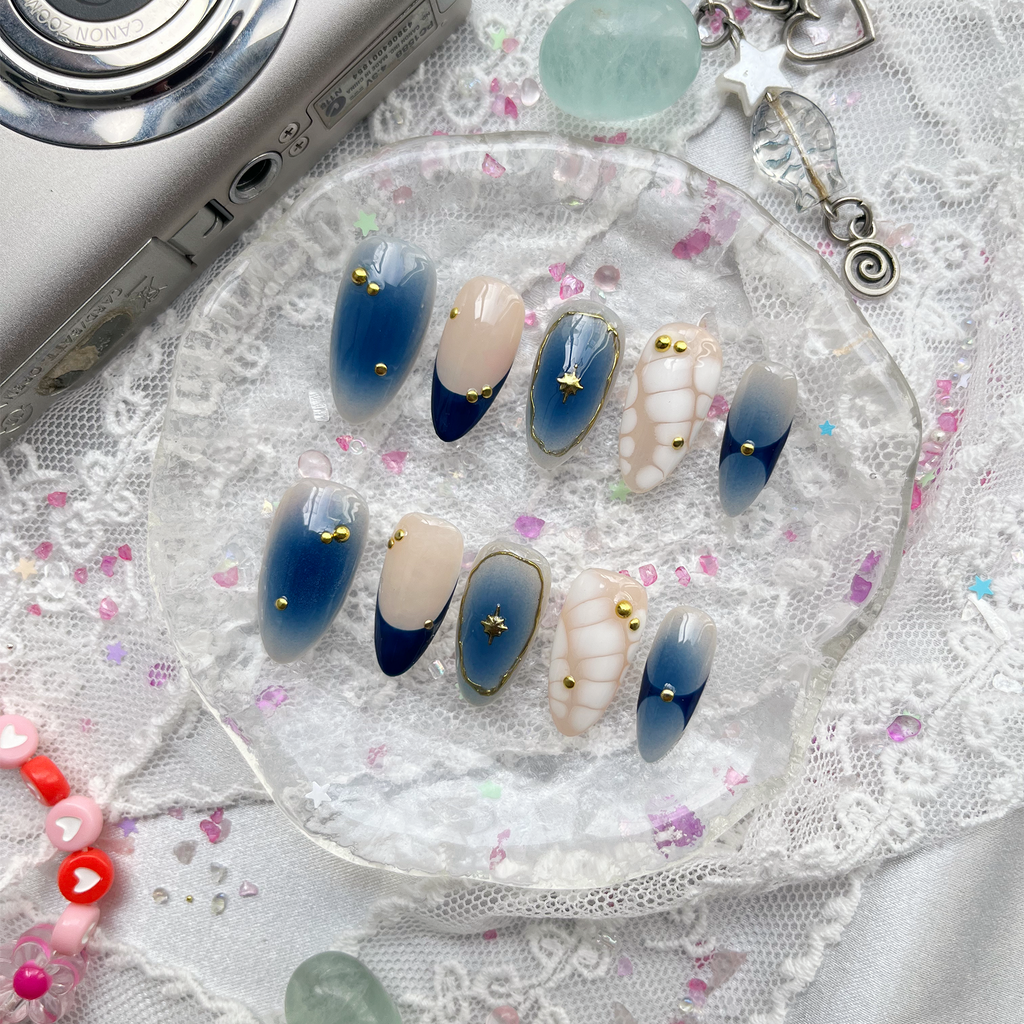 Custom Press-On Nails – Blue Galaxy Ombre with Gold Stars & Celestial Charms | Wynzy Pops Nails