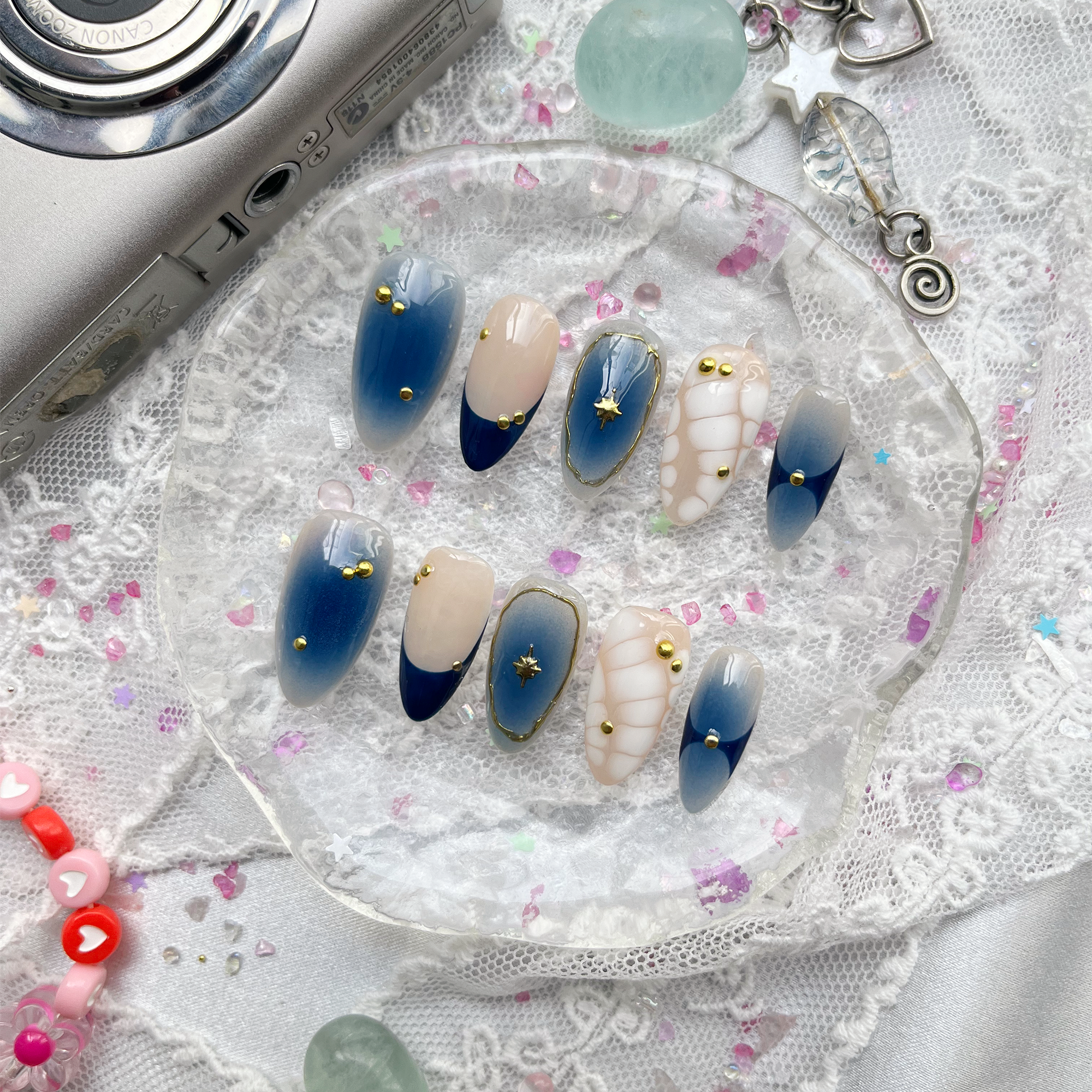 Custom Press-On Nails – Blue Galaxy Ombre with Gold Stars & Celestial Charms | Wynzy Pops Nails