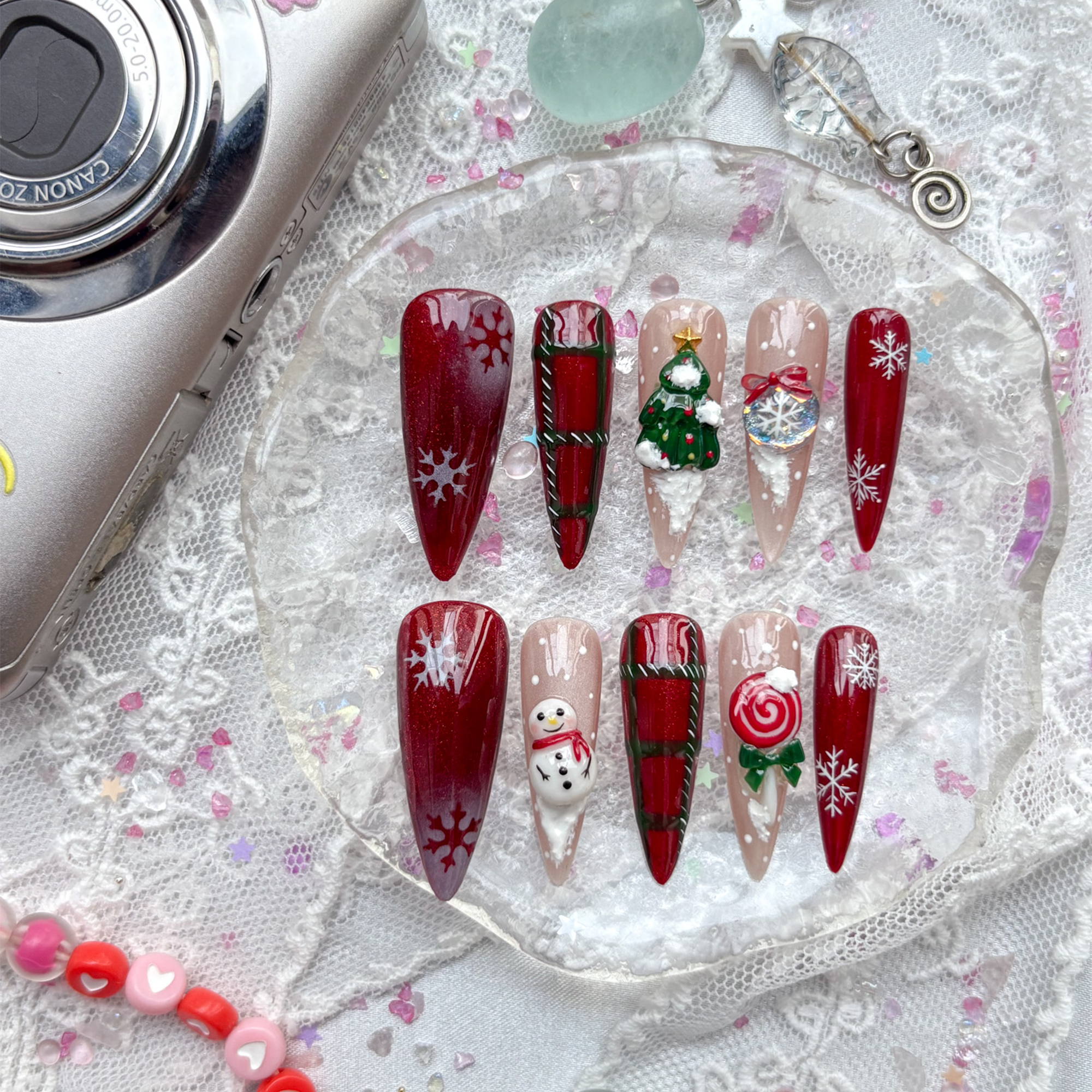 Custom Press-On Nails – Christmas Holiday Set with 3D Tree, Snowman & Snowflakes | Wynzy Pops Nails