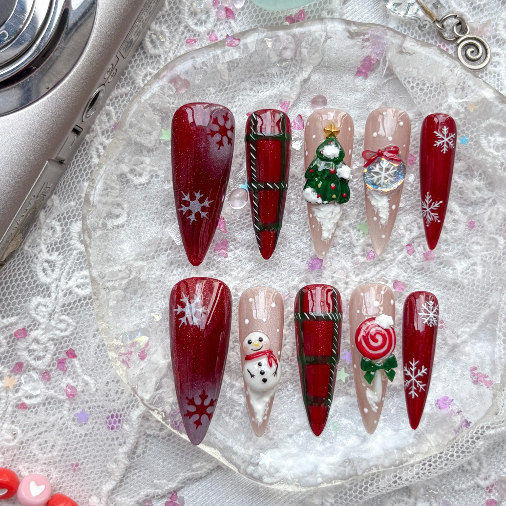 Custom Press-On Nails – Christmas Holiday Set with 3D Tree, Snowman & Snowflakes | Wynzy Pops Nails