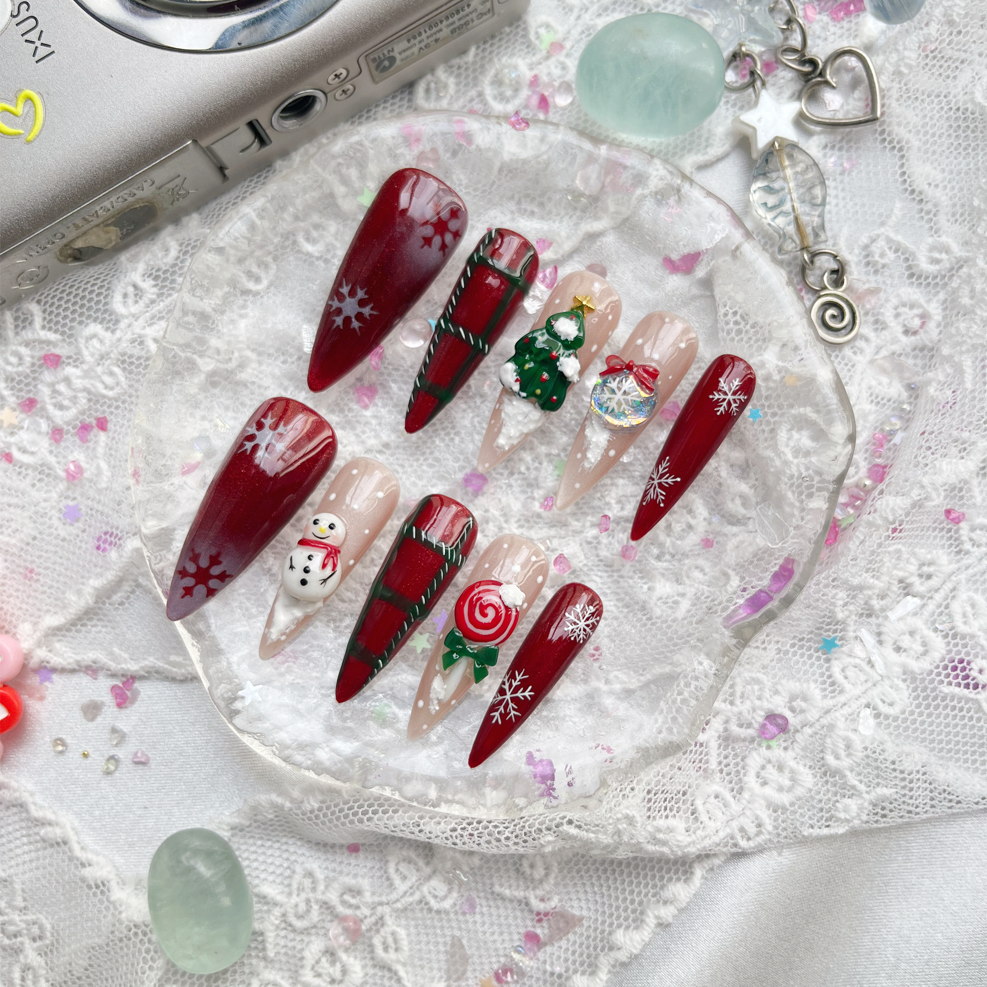 Custom Press-On Nails – Christmas Holiday Set with 3D Tree, Snowman & Snowflakes | Wynzy Pops Nails