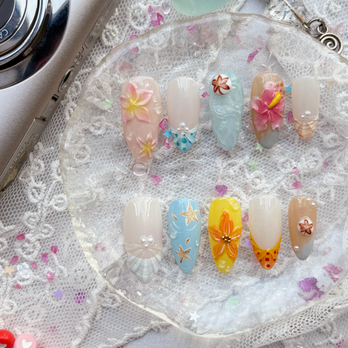 3D Tropical Ocean Custom Press-On Nails – Summer Beach Floral Nail Art | Handmade Glam Set | Wynzy Pops Nails
