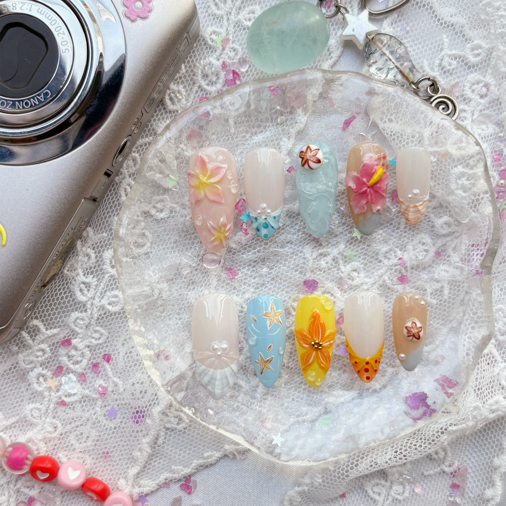 3D Tropical Ocean Custom Press-On Nails – Summer Beach Floral Nail Art | Handmade Glam Set | Wynzy Pops Nails