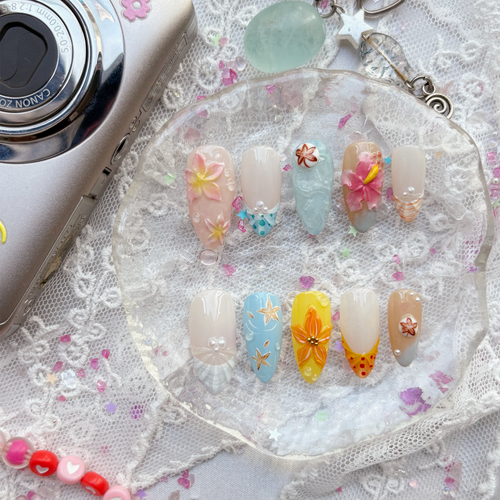 3D Tropical Ocean Custom Press-On Nails – Summer Beach Floral Nail Art | Handmade Glam Set | Wynzy Pops Nails