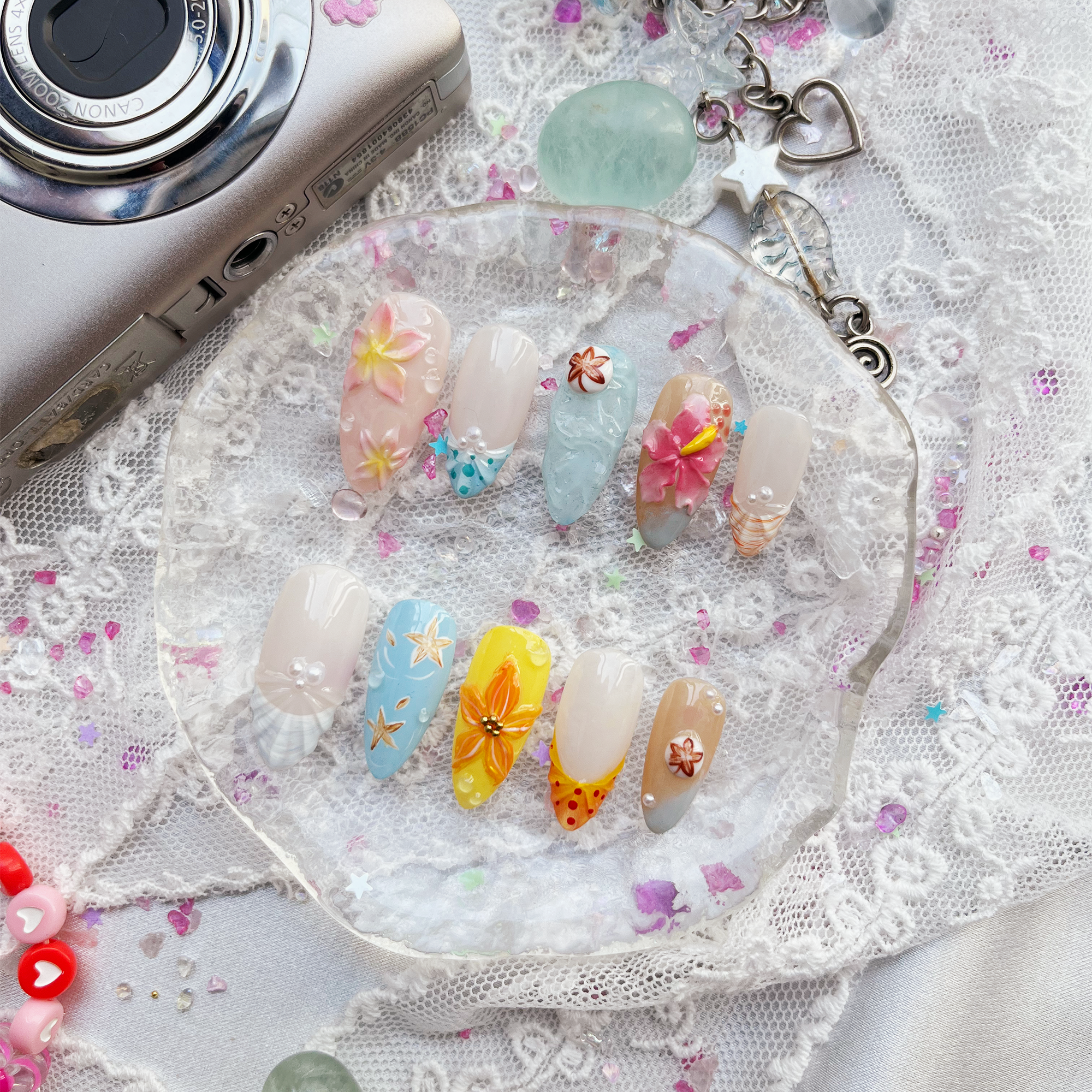 3D Tropical Ocean Custom Press-On Nails – Summer Beach Floral Nail Art | Handmade Glam Set | Wynzy Pops Nails