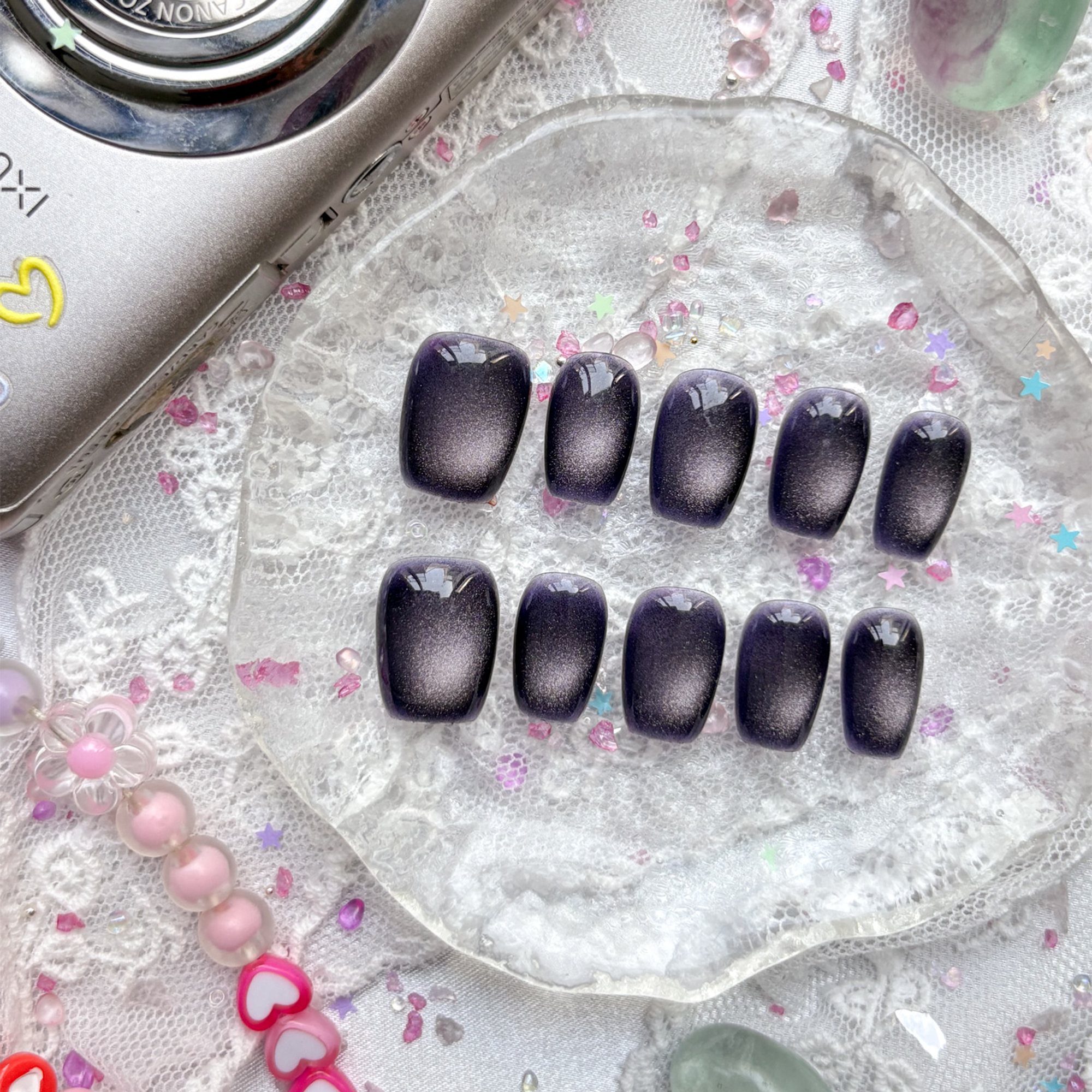 Personalized Purple Gothic Press-On Nails | Black Cat Eye Shimmer | Wynzy Pops Nails