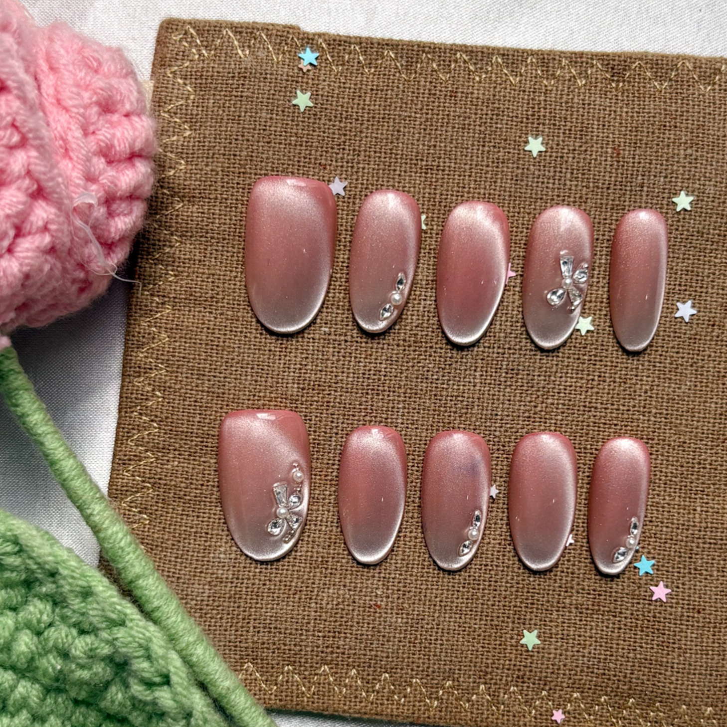 Custom Pearl Pink Press On Nails | Cat Eye Shimmer Nails | Elegant Rhinestone Accents | Personalize Long Oval Nail Design